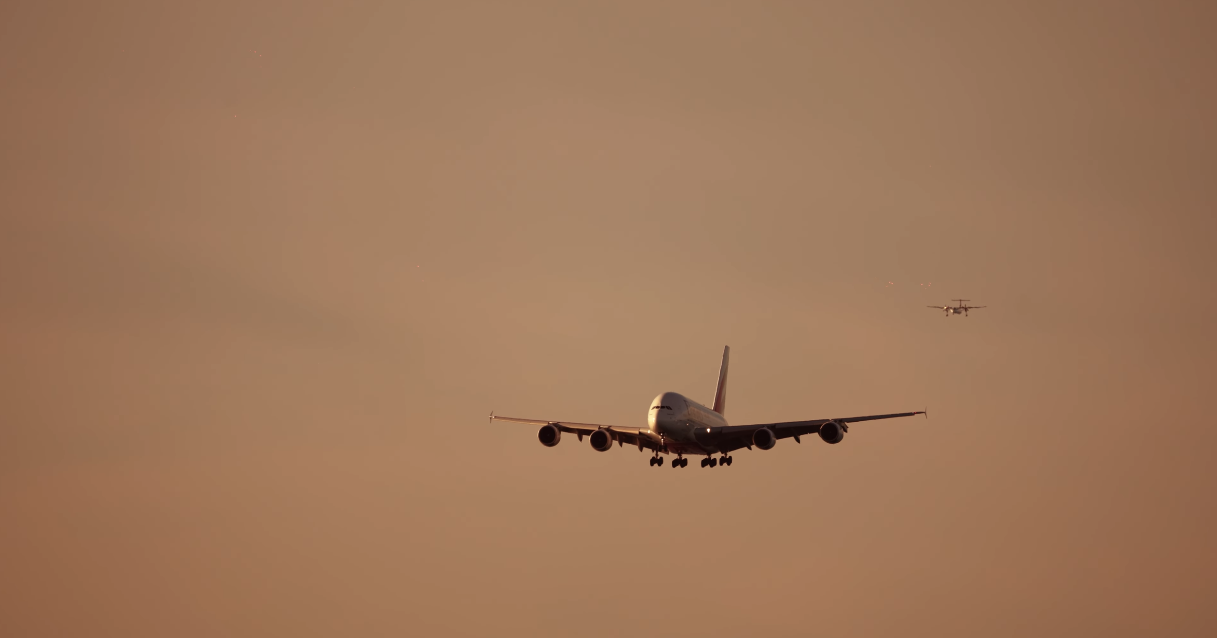Commercial aircraft approaching runway captured with cinematic telephoto lens