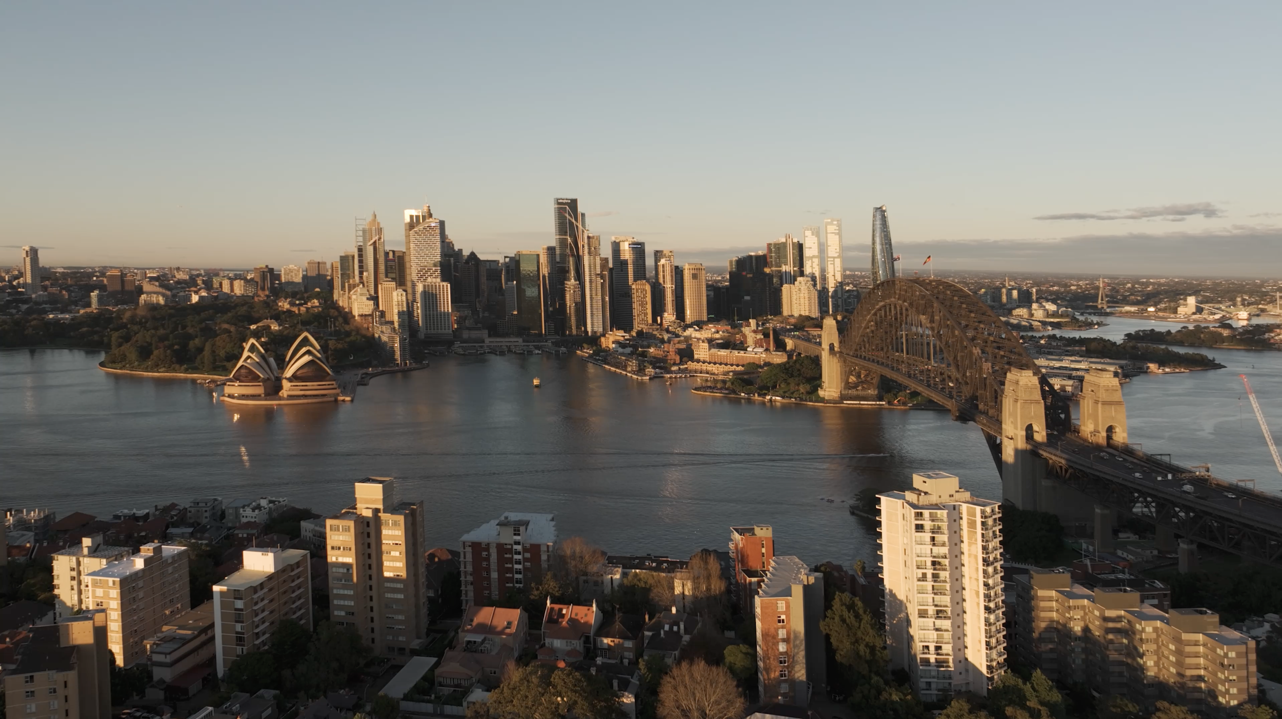 Aerial view of Sydney Harbour skyline filmed for aviation cinematography project