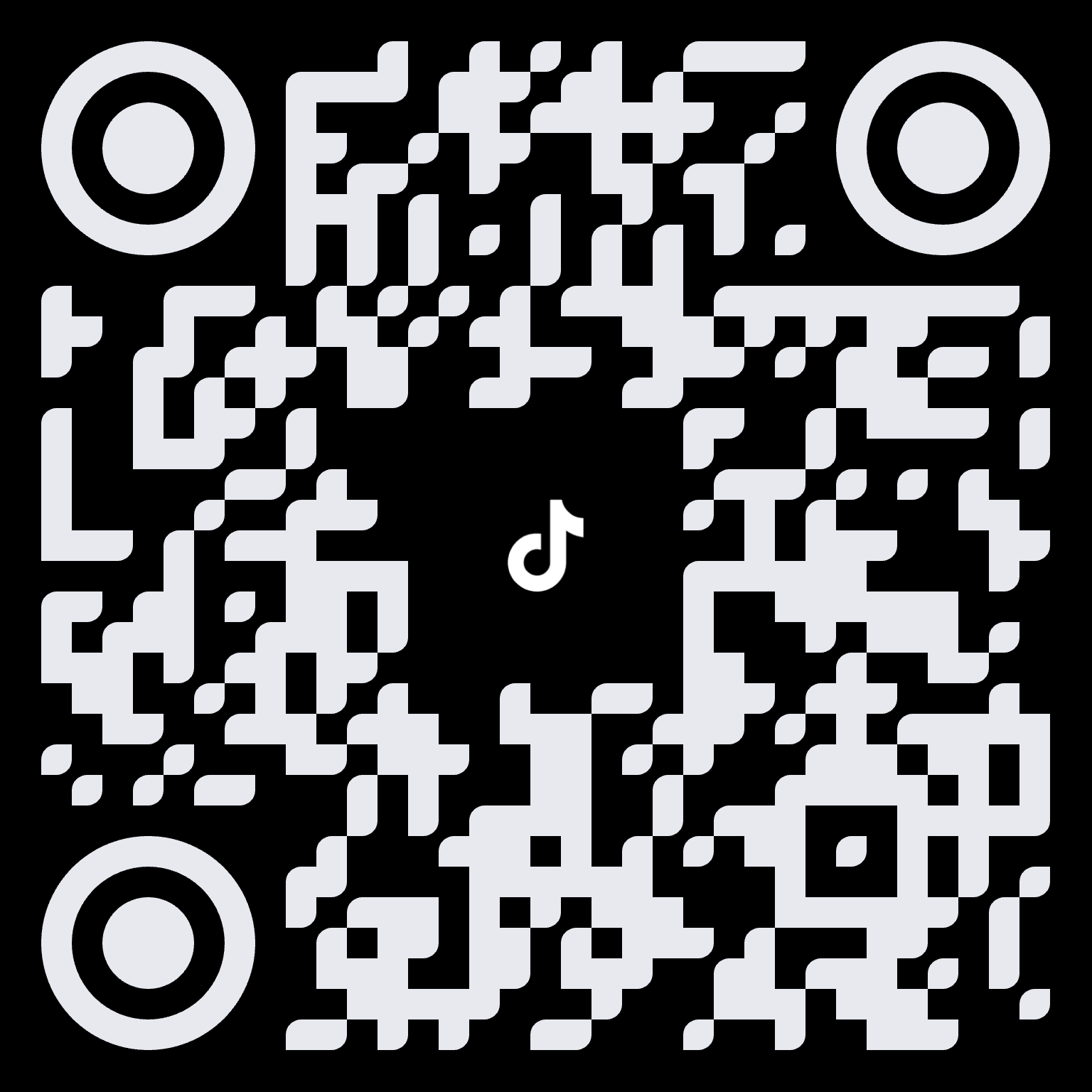 A black and white QR code with circular patterns at three corners and a small TikTok logo in the center.