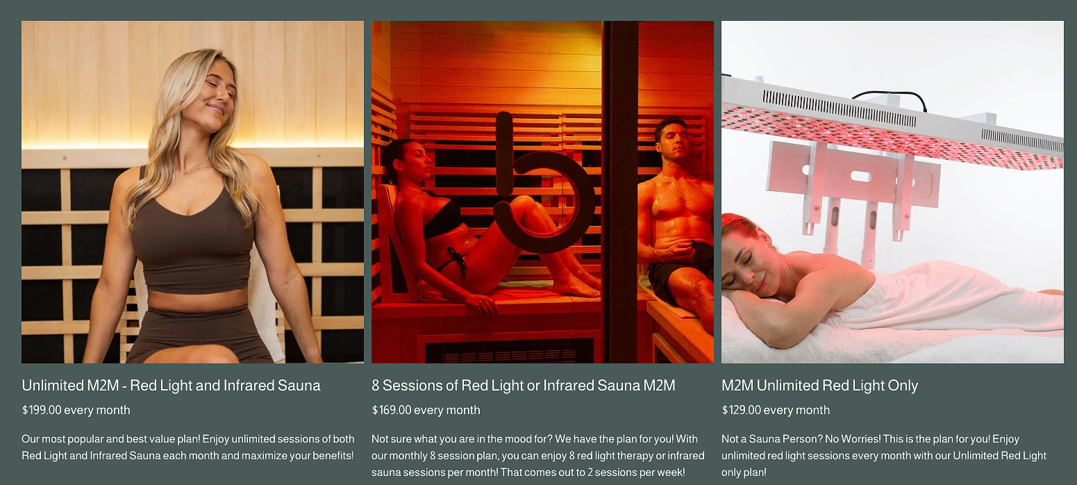 Three promotional banners for infrared and red light sauna plans. The first shows a woman in a sauna, smiling, with the price of $199.00 monthly. The second features a couple in a sauna, with the price of $169.00 monthly. The third depicts a woman resting under a red light therapy device, with the price of $129.00 monthly.