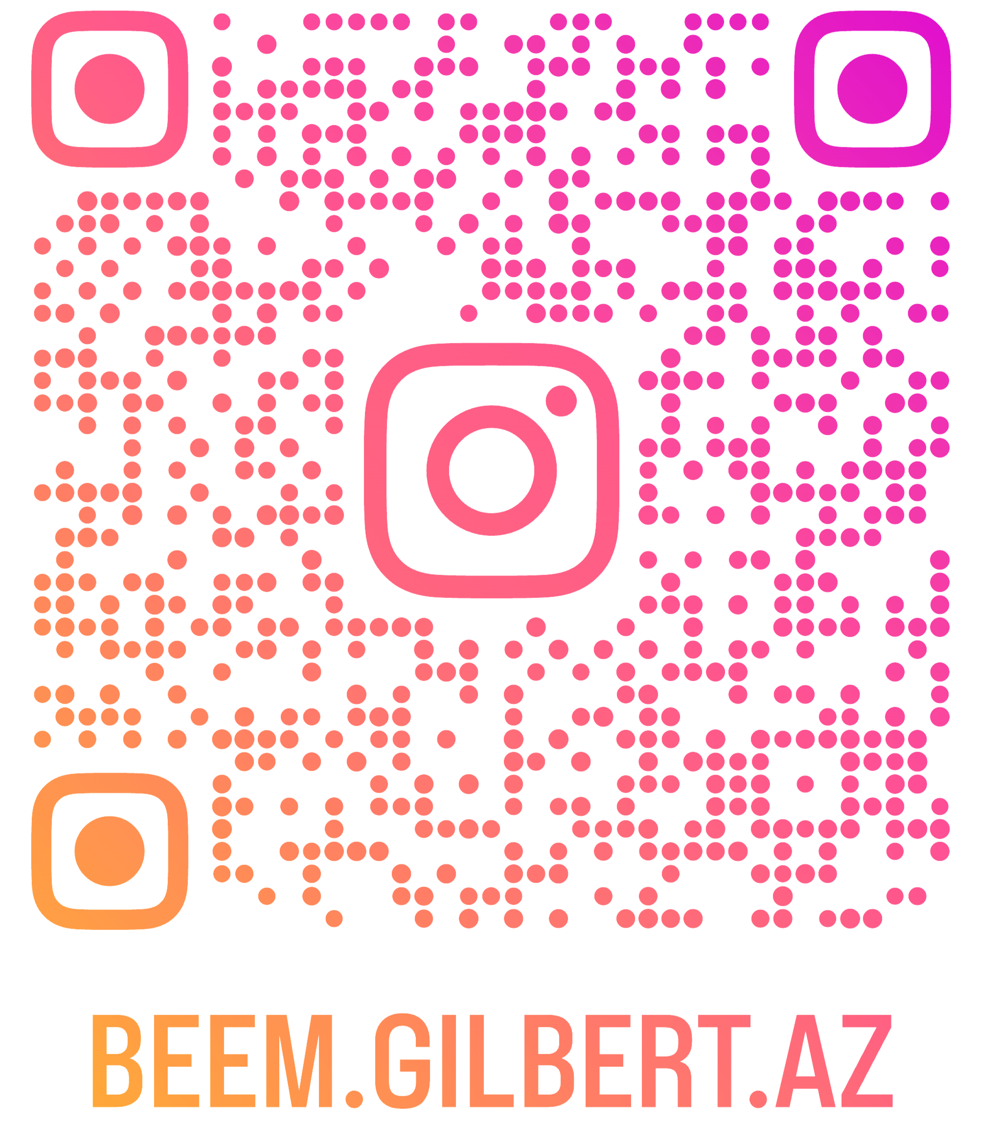 A colorful, dotted QR code with the Instagram logo at the top corners. Bold text at the bottom reads "BEM.GILBERT.AZ."