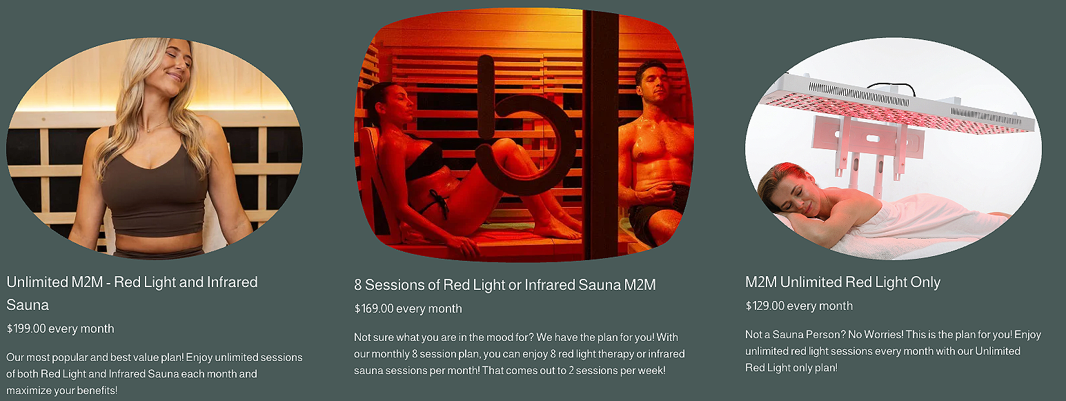 Three promotional images for sauna memberships. The first shows a woman smiling in a sauna with wooden interior, captioned "Unlimited M2M - Red Light and Infrared Sauna." The second depicts a man and woman in a red-lit sauna with captions about 8 sessions of red light or infrared sauna. The third shows a woman lying in a bed under a red sauna heater, with text about unlimited red light sauna sessions.