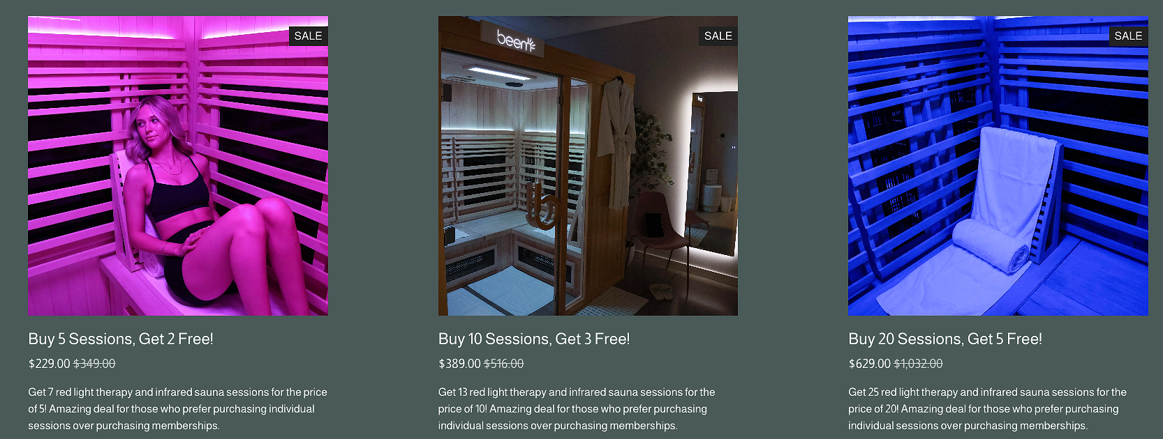Three images displaying sauna rooms and therapy sessions with promotional offers and pricing details.