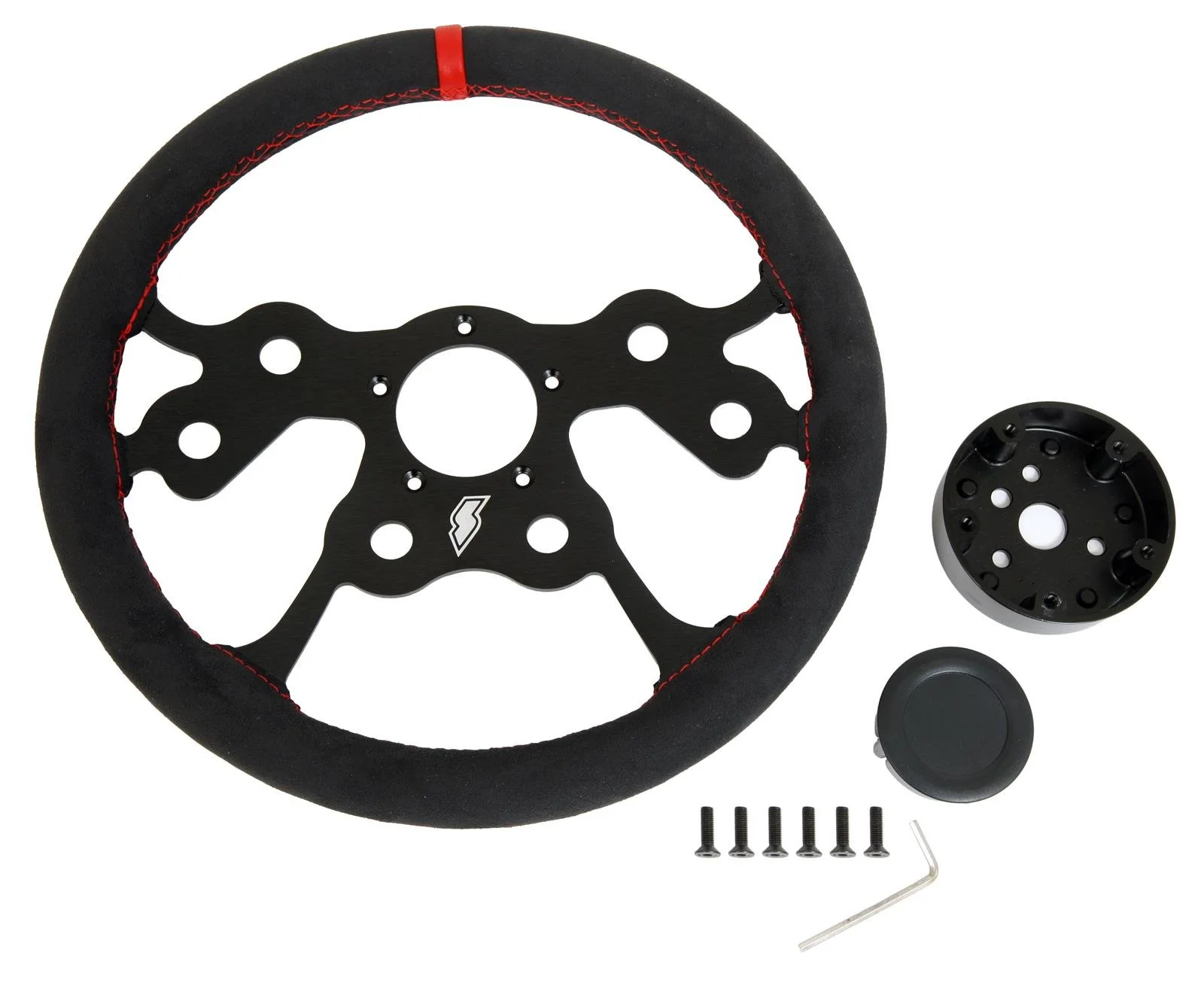 Steering Wheel Bracket Race,13 in. Drag style, Black Suede w/red stitching