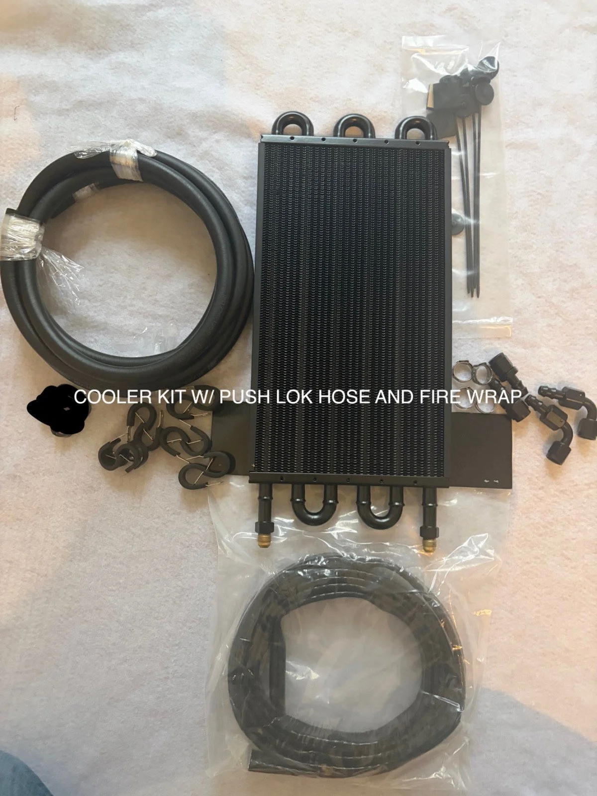 GM 6L80E /6L90E  PRO STREET TRANSMISSION COOLER KIT W/6AN PUSHLOK HOSE & Black FTGS W /FIRE SLEEVE