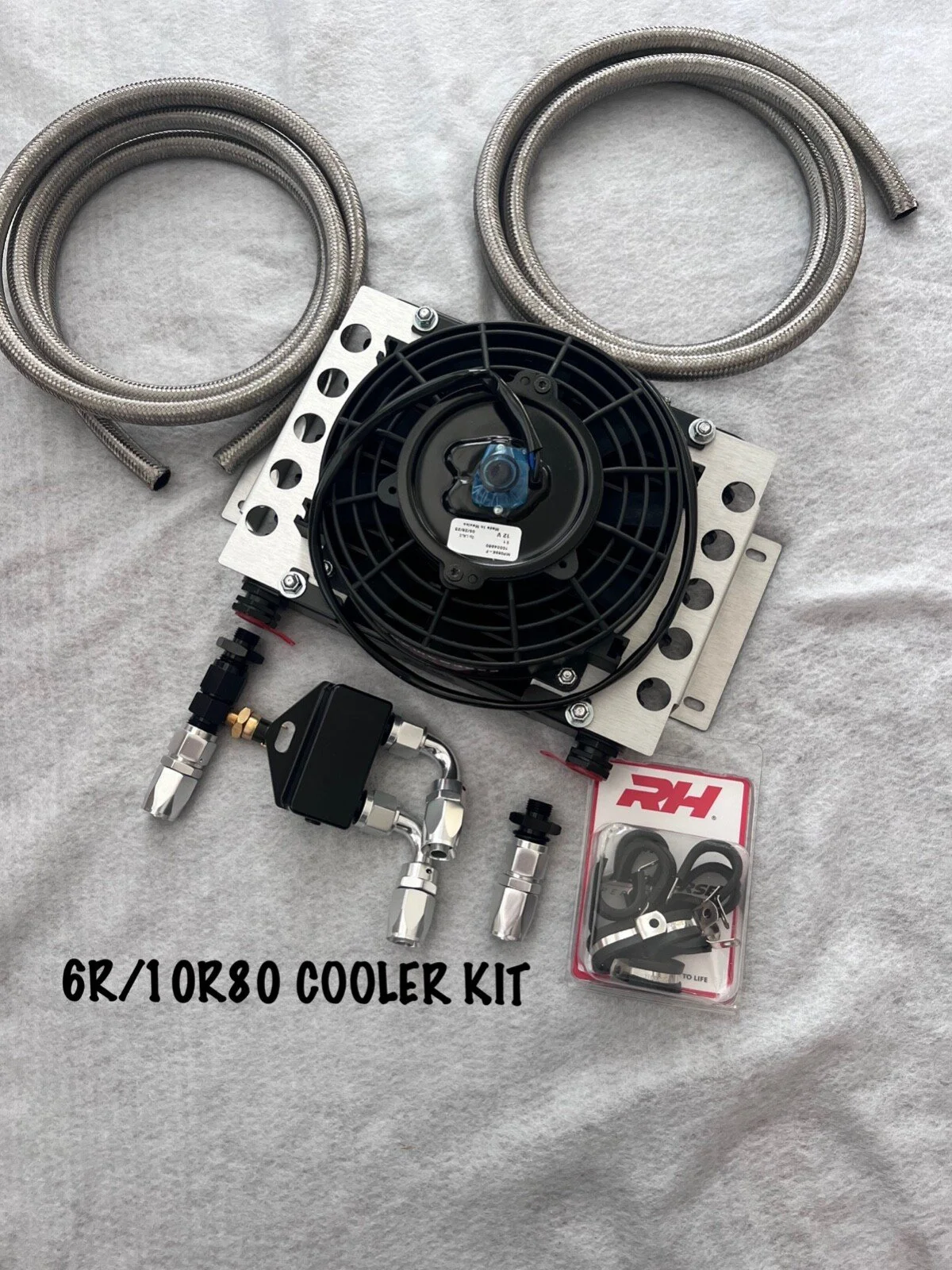 6R/10R80 FORD DERALE 13750 TRANS COOLER WITH FAN KIT W/8AN LINE & THERMOSTAT