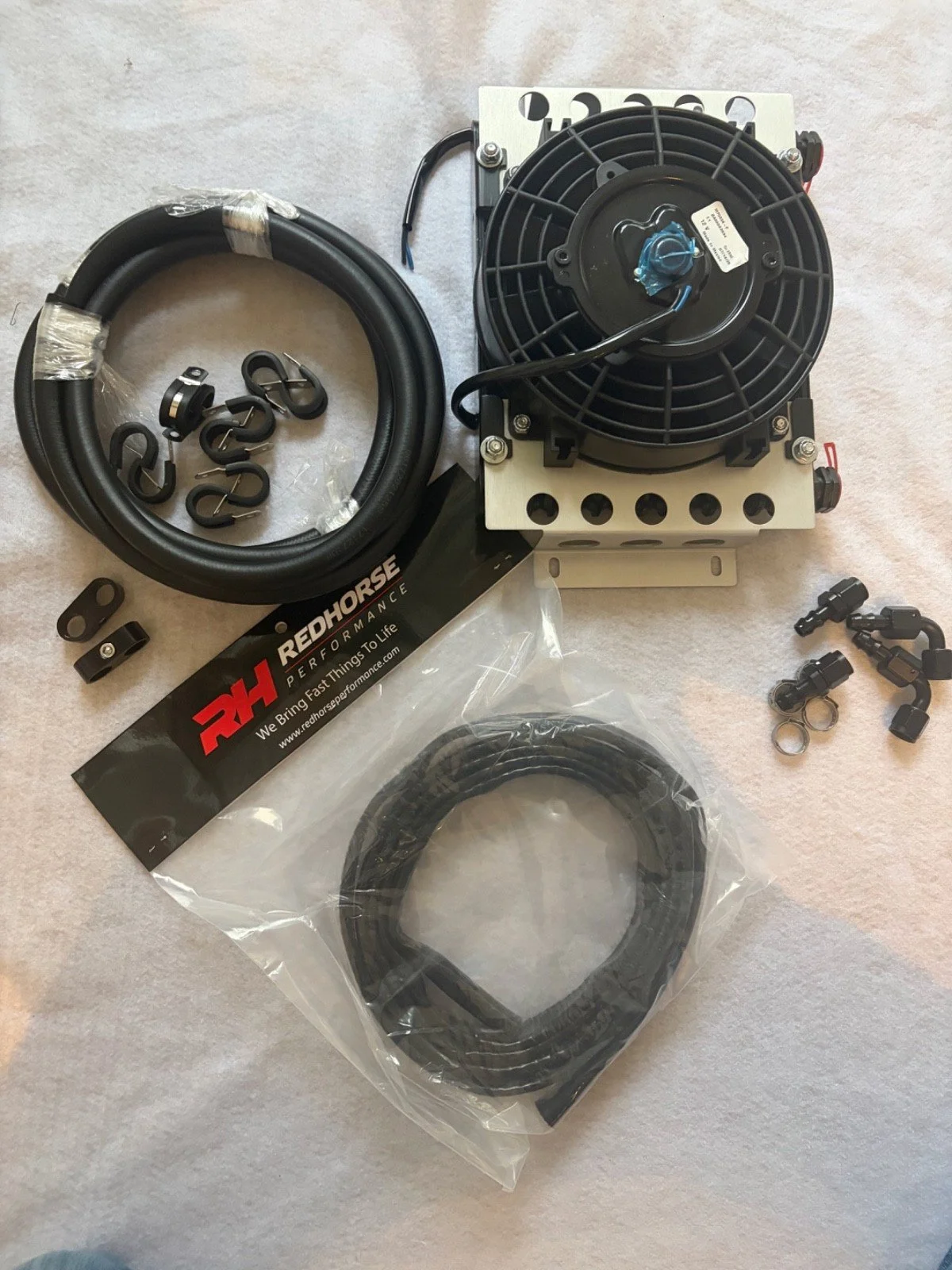 DERALE 13750 4L80E TRANS COOLER W/FAN W 6/AN PUSH LOK HOSE & THERMO & FIRE SLEEVE