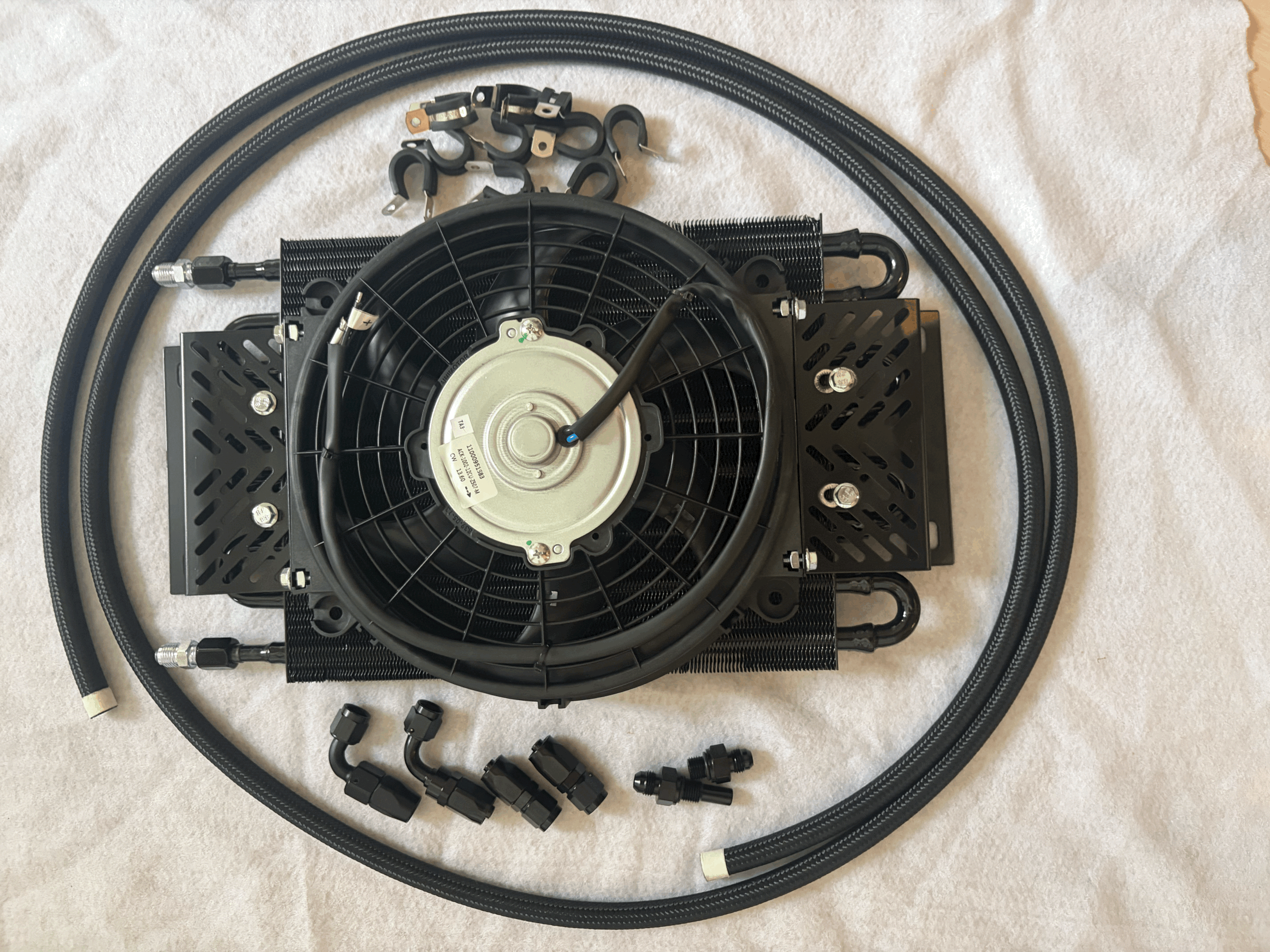 GM 4L80/85E HI-PO TRANSMISSION COOLER W/ FAN & BLACK 6AN LINES & FITTINGS