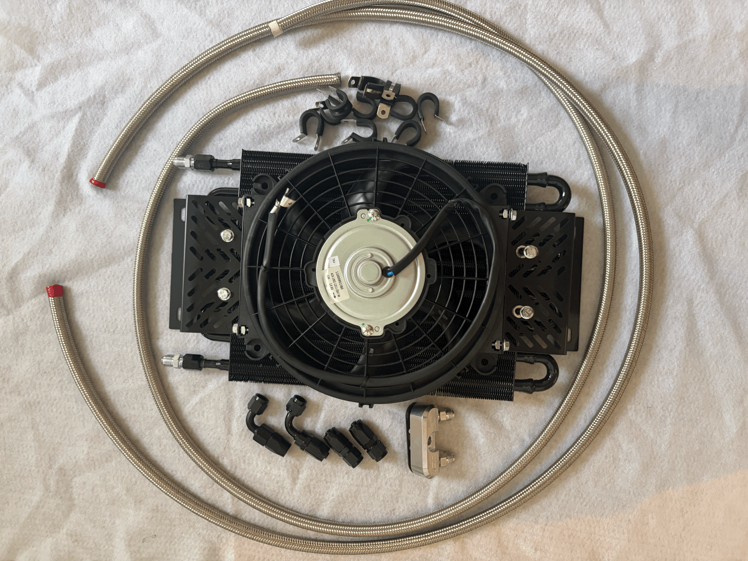 GM 8L90/10L90E PERFORMANCE TRANSMISSION COOLER W/ FAN & 6AN BRAIDED STEEL LINES & FITTINGS