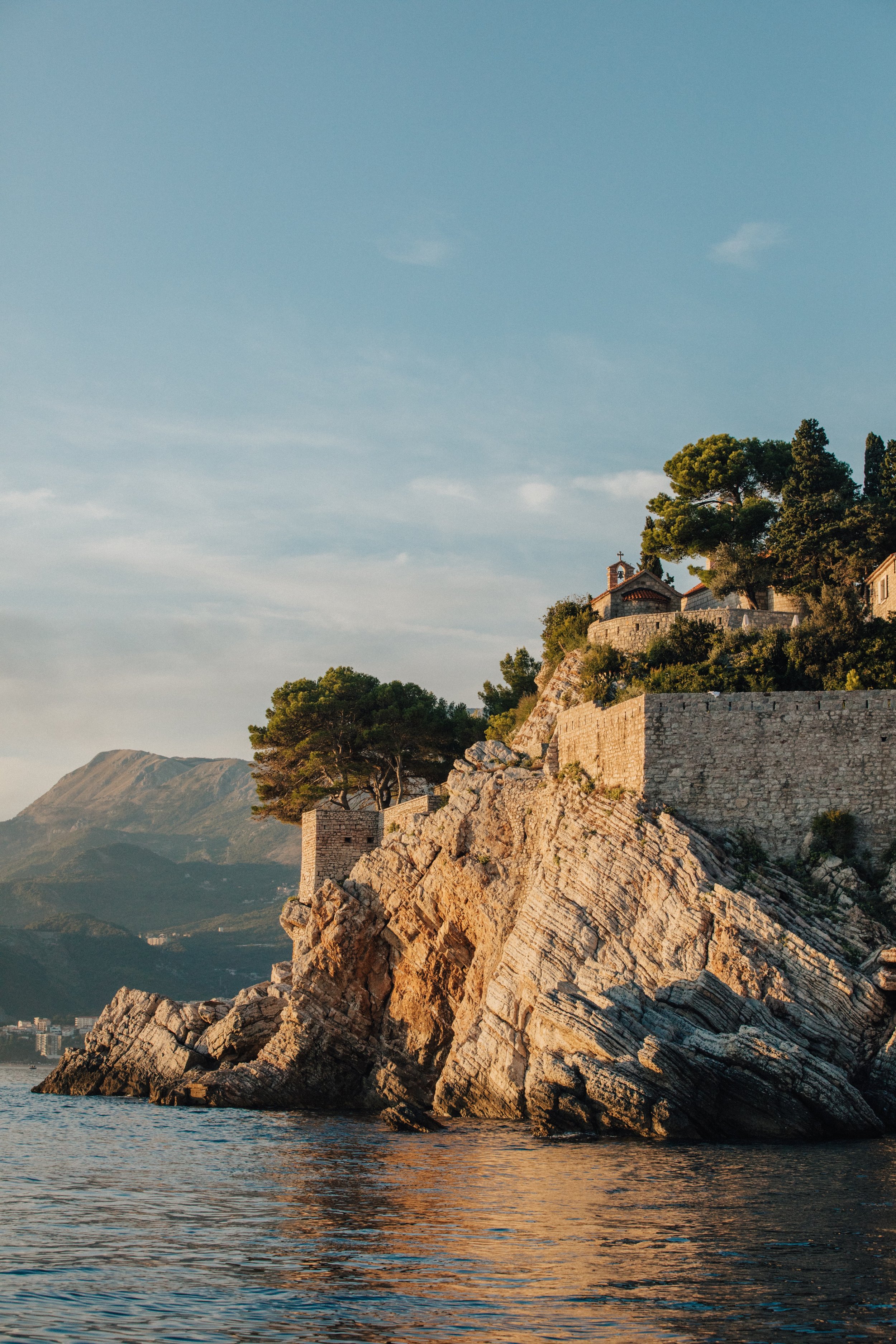 Historic island villas at Aman Sveti Stefan luxury resort in Montenegro.