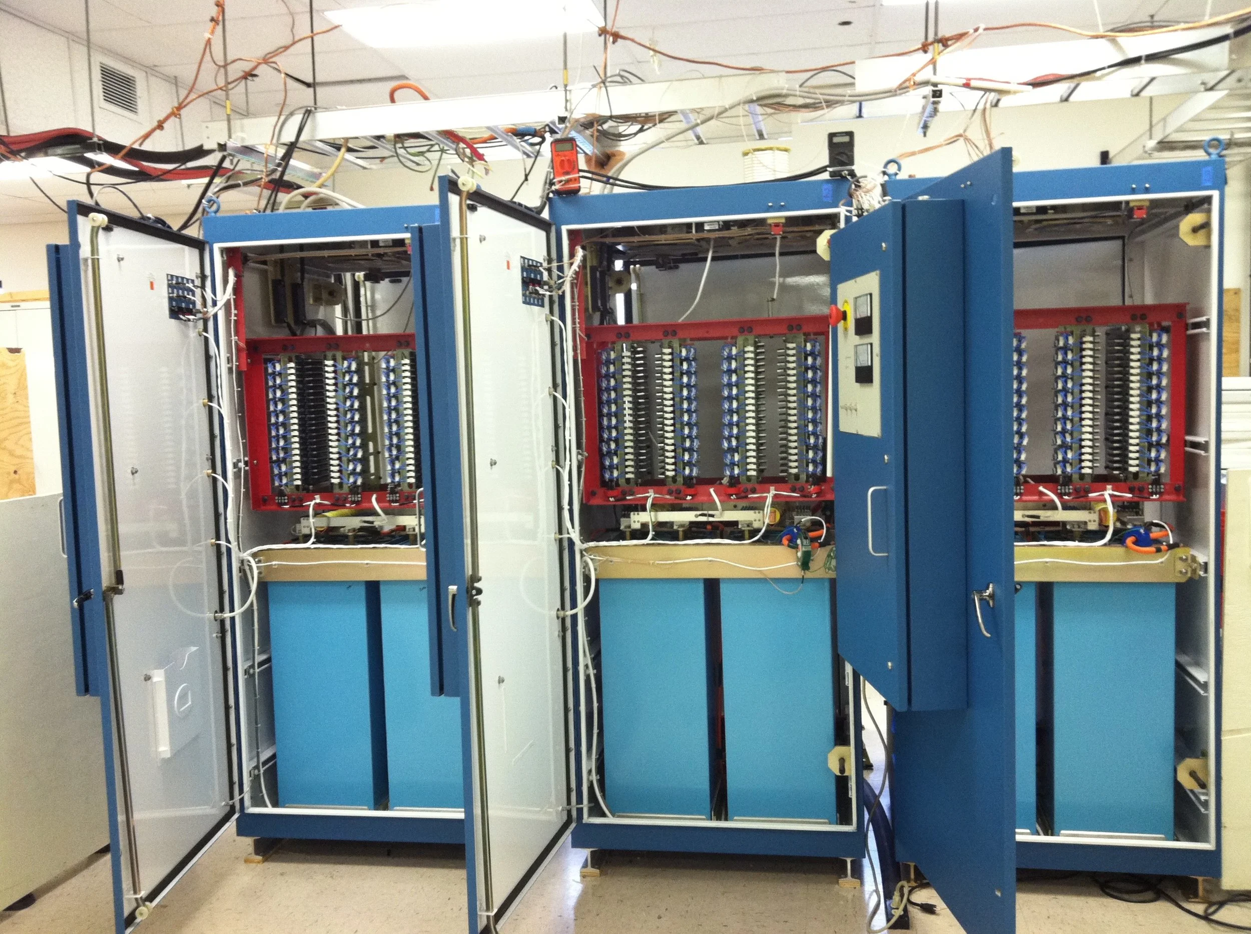 Inside view of three 20 MW, 10 kHz inverter cabinet at DTI, originally built for electromagnetic launch.