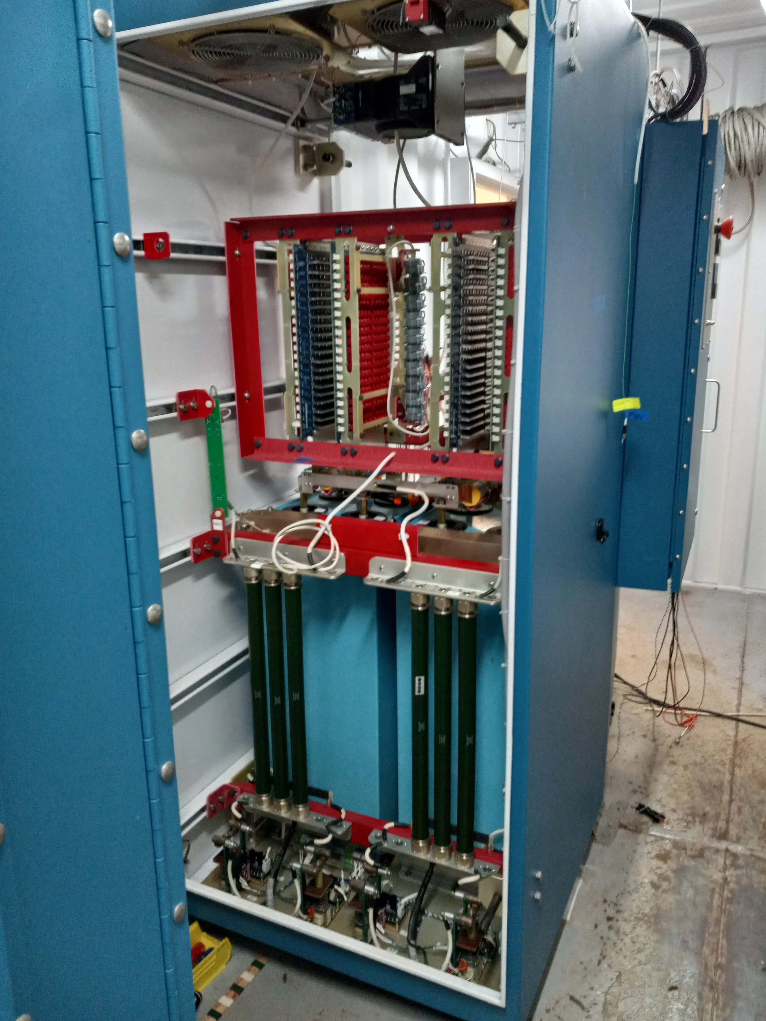 Inside view of one 20 MW, 10 kHz inverter cabinet at DTI, originally built for electromagnetic launch.