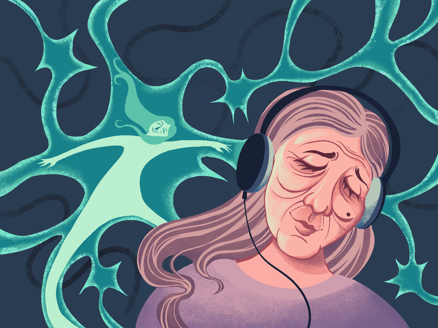 Mock editorial illustration for UCLA article “Music can be therapeutic tool for those with dementia”
Digital, Procreate,
4.5” x 6”
April 2026