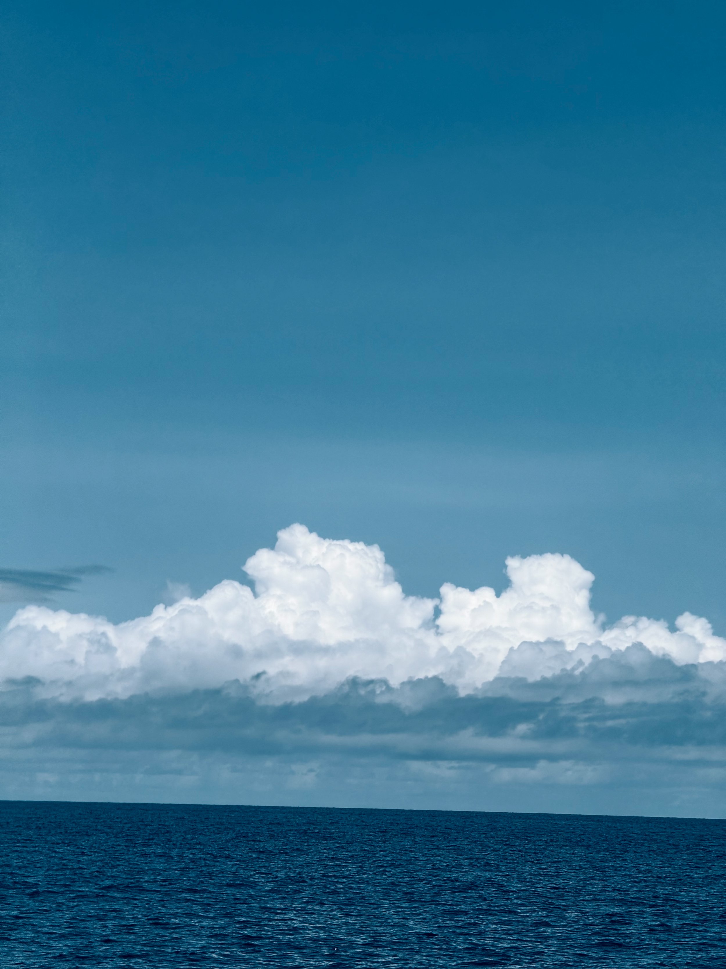 A vast ocean with dark blue water and a clear sky overhead, with large white clouds in the distance.