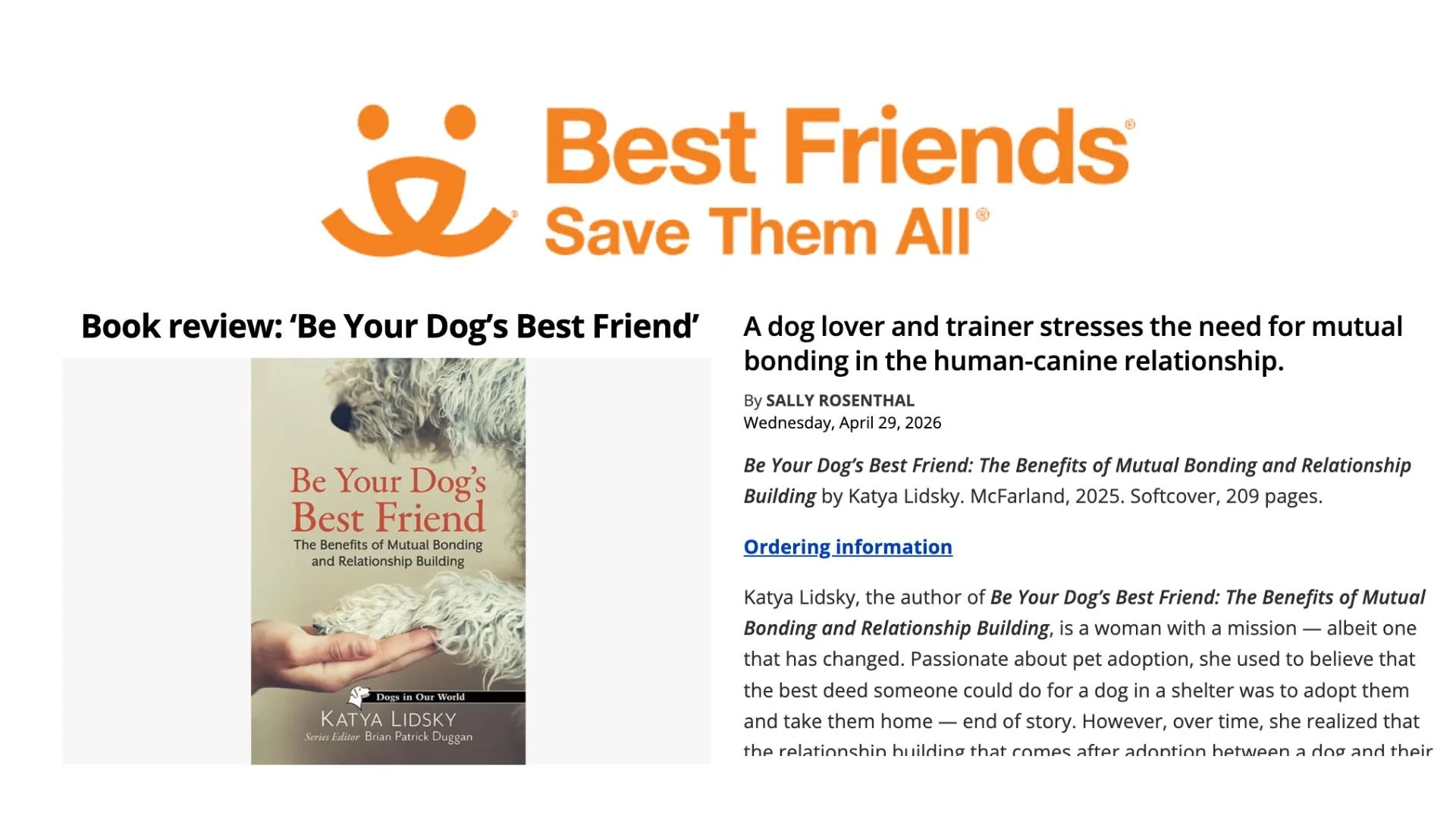 The image shows a webpage from the Best Friends organization, featuring a book review of 'Be Your Dog's Best Friend' with an orange dog face logo and the slogan 'Save Them All', surrounded by text about dog-human bonding and a brief mention of the book's author and content.