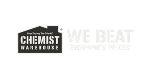 Chemist Warehouse logo with the slogan 'We Beat' and additional text.