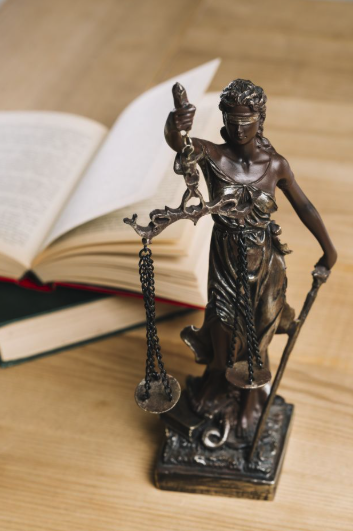 Bronze statue of Lady Justice holding scales and a sword, placed in front of an open book on a wooden surface.