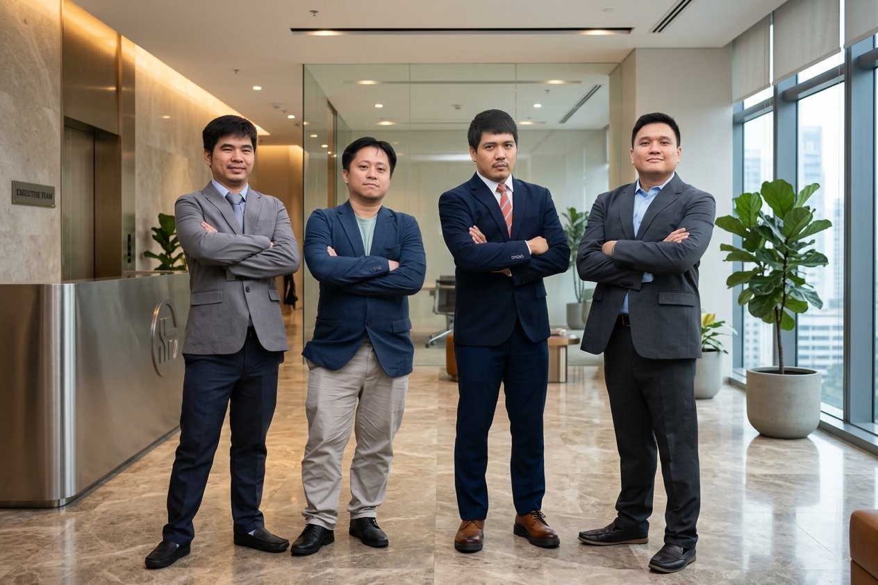Four men in business suits standing with arms crossed in a modern office lobby with large windows, plants, and marble flooring.