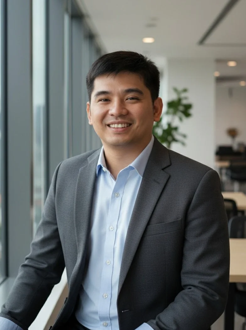 A smiling man in a gray suit and blue shirt sitting in an office with large windows and a plant behind him.