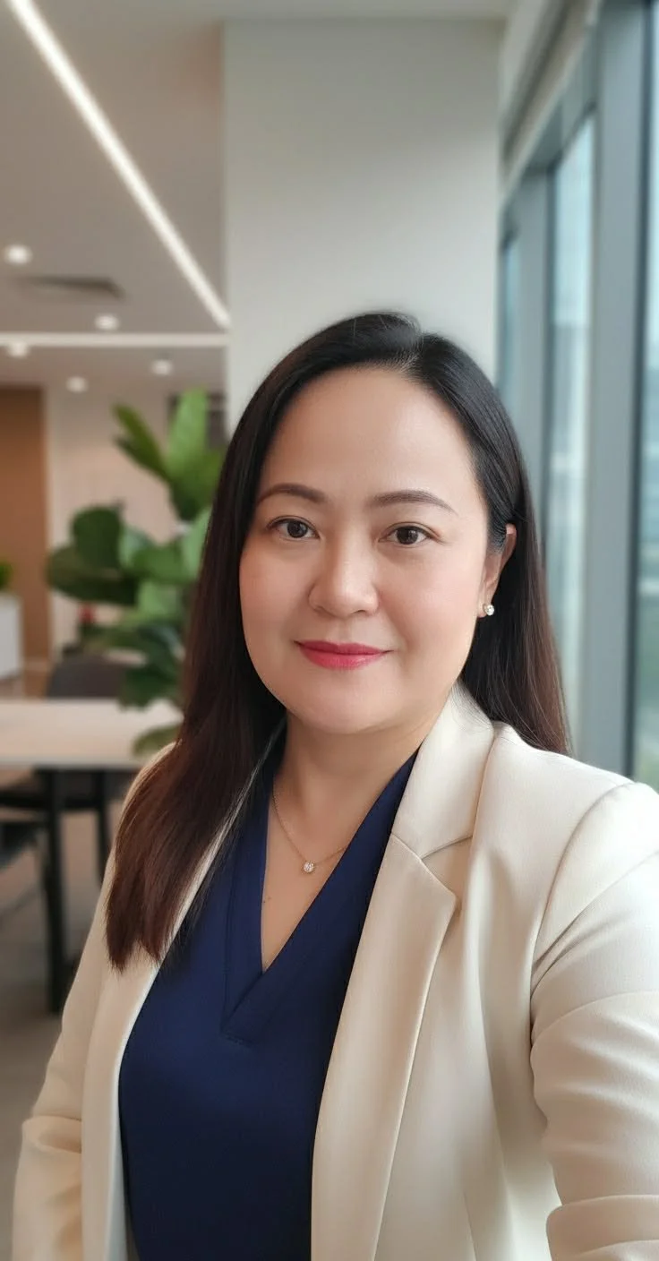 A woman with dark hair, wearing a cream blazer and navy top, taking a selfie in a modern office with large windows and plant decor.