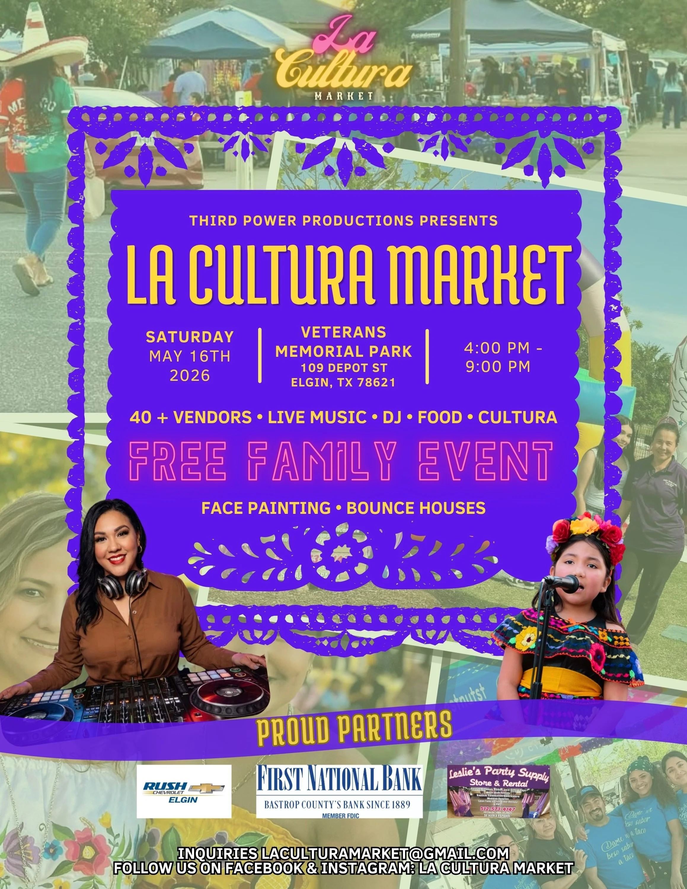 🎉 &iexcl;HOY! / TODAY! 🎉

La Cultura Market is happening TODAY from 4-9PM at Veterans Memorial Park in Elgin! 💃🏽🪅

✨ 40+ vendors / vendedores
🎶 Live music &amp; DJ
🎤 DJ Rocio Valdez + Isabella Sanchez
🌟 Bounce houses / brincolines
🎨 Face pai