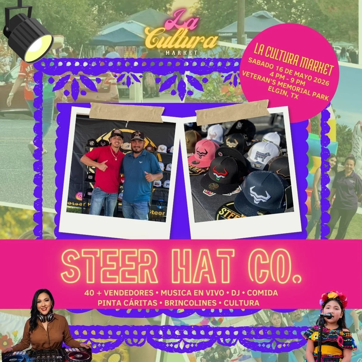 ✨ Vendor Spotlight: Steer Hat Co. ✨

&iexcl;Directamente de Elgin, TX! 🤠🧢
Steer Hat Co. regresa a La Cultura Market con sus gorras &uacute;nicas, llenas de estilo y hechas con mucho orgullo local. Cada pieza es dise&ntilde;ada y creada por ellos mi