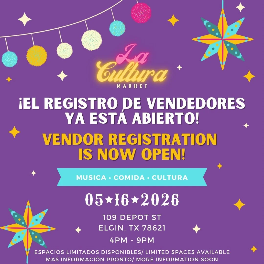 🎉 Vendor registration is NOW OPEN! 🎉
Join us for La Cultura Market on Saturday, May 16th from 4-9PM at Veterans Memorial Park in Elgin. We&rsquo;d love to have you there! 🛍️✨

🔗 Apply now! Link in bio

🎉 &iexcl;Las inscripciones para vendedores 