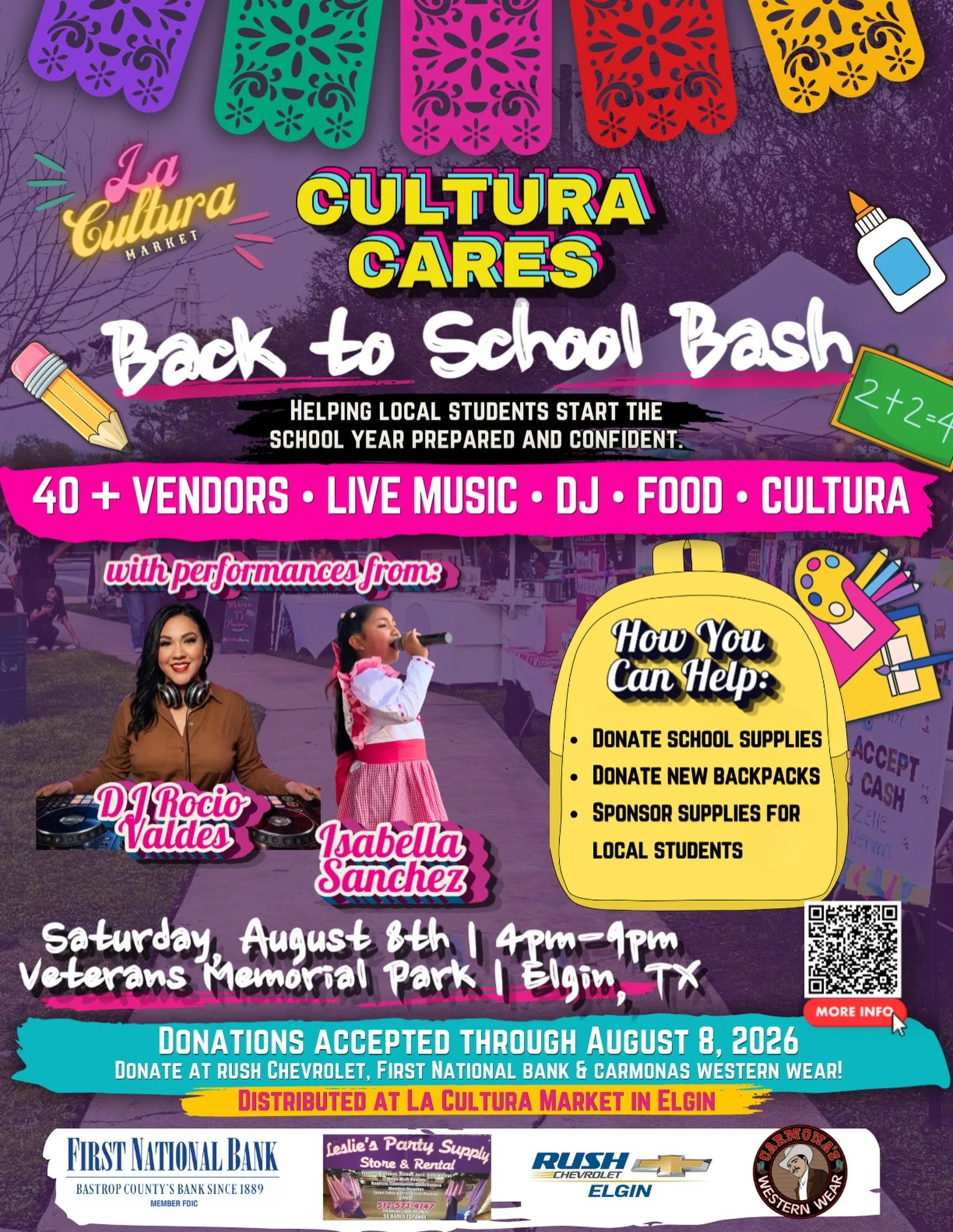 🎒🎉 La Cultura Cares: Back to School Bash is almost here! 🎉🎒

Join us Saturday, August 8 | 4 PM to 9 PM
📍 Veterans Memorial Park | Elgin, TX

✨ Live music
🛍️ 40+ local vendors
🌮 Delicious food
🎨 Free face painting
🎈 Family fun
❤️ School suppl
