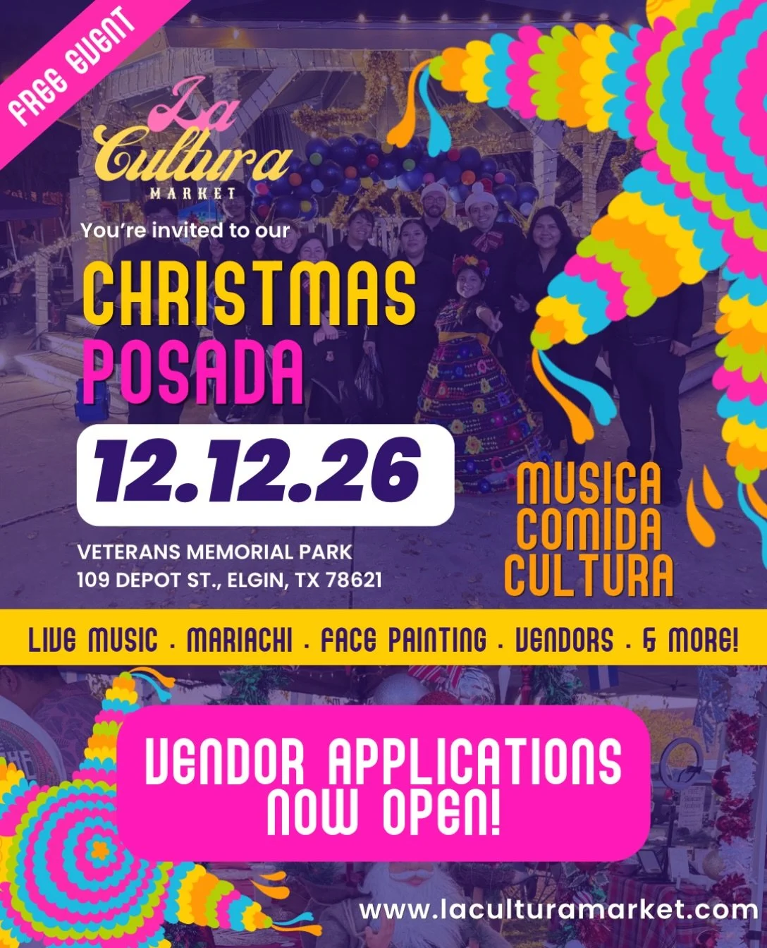 📣📣 Vendor applications for @laculturamarket are NOW OPEN! 🎄✨🛍️ Join us December 12th for our holiday market! 🎶🎁 Expect mariachi, holiday shopping, free family activities, tons of local vendors, and so much more!

Apply today to secure your spot