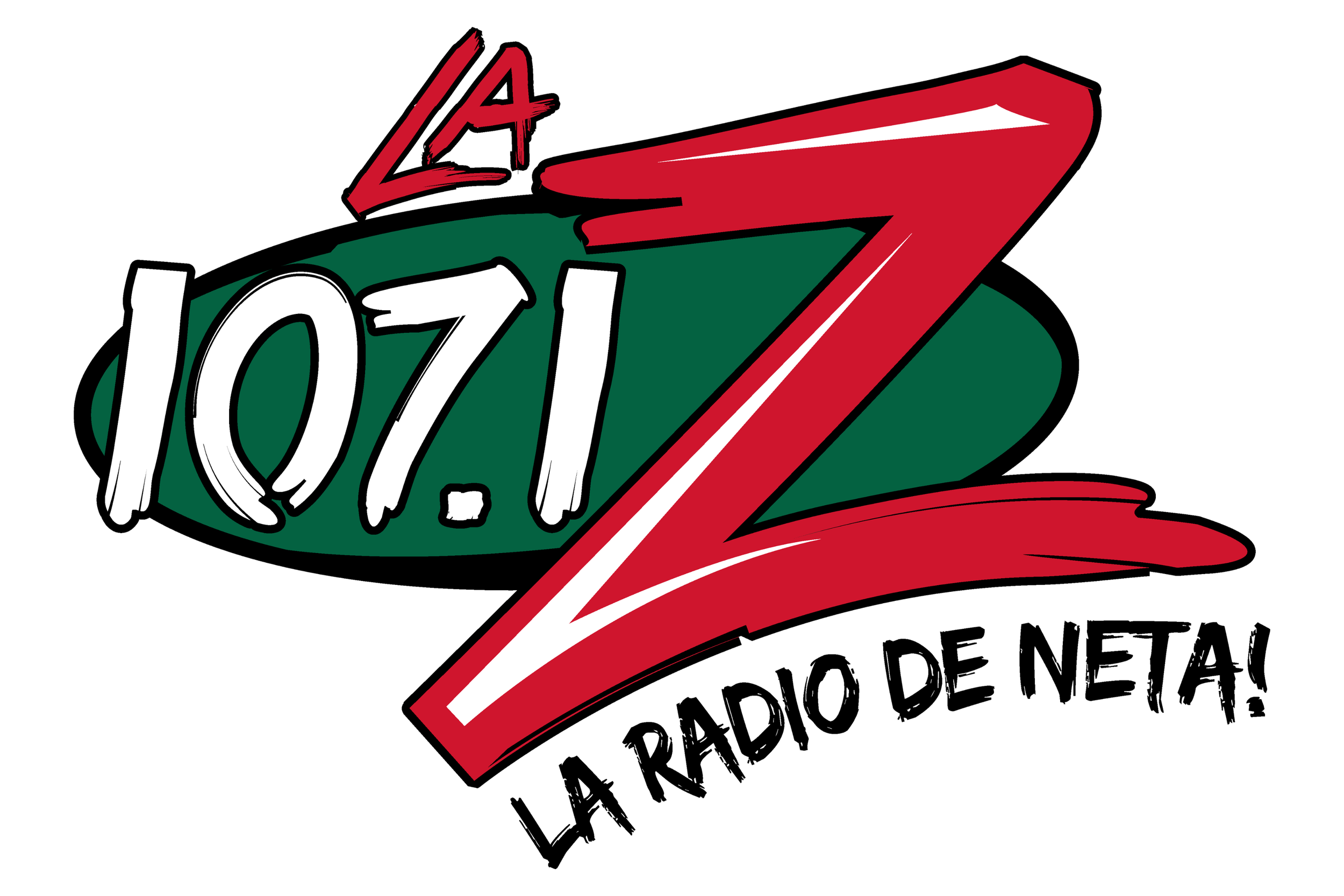 Graphic logo with the text 'L.A. 107.7' and promotional text in Spanish about radio station and metal music.
