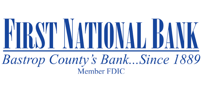 Logo of First National Bank with text indicating it is Bastrop County's bank since 1889, member FDIC.