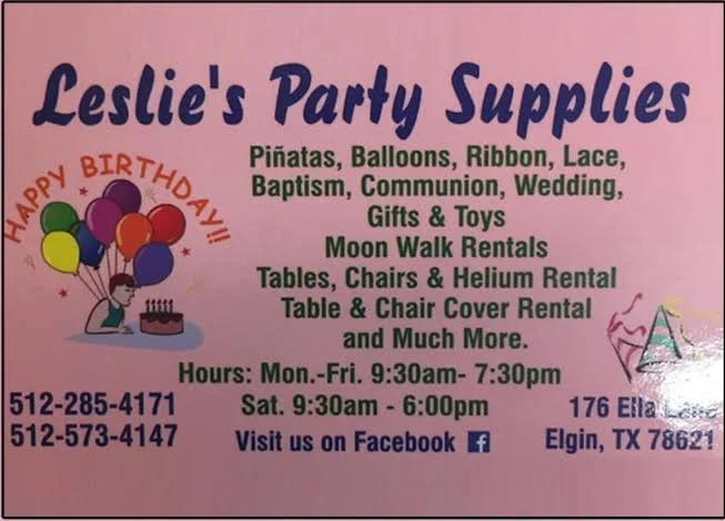 Pink flyer advertising Leslie's Party Supplies with birthday balloons, cake, and party hats illustration, listing party supplies and rental services, phone numbers, Facebook page, and location in Elgin, Texas.