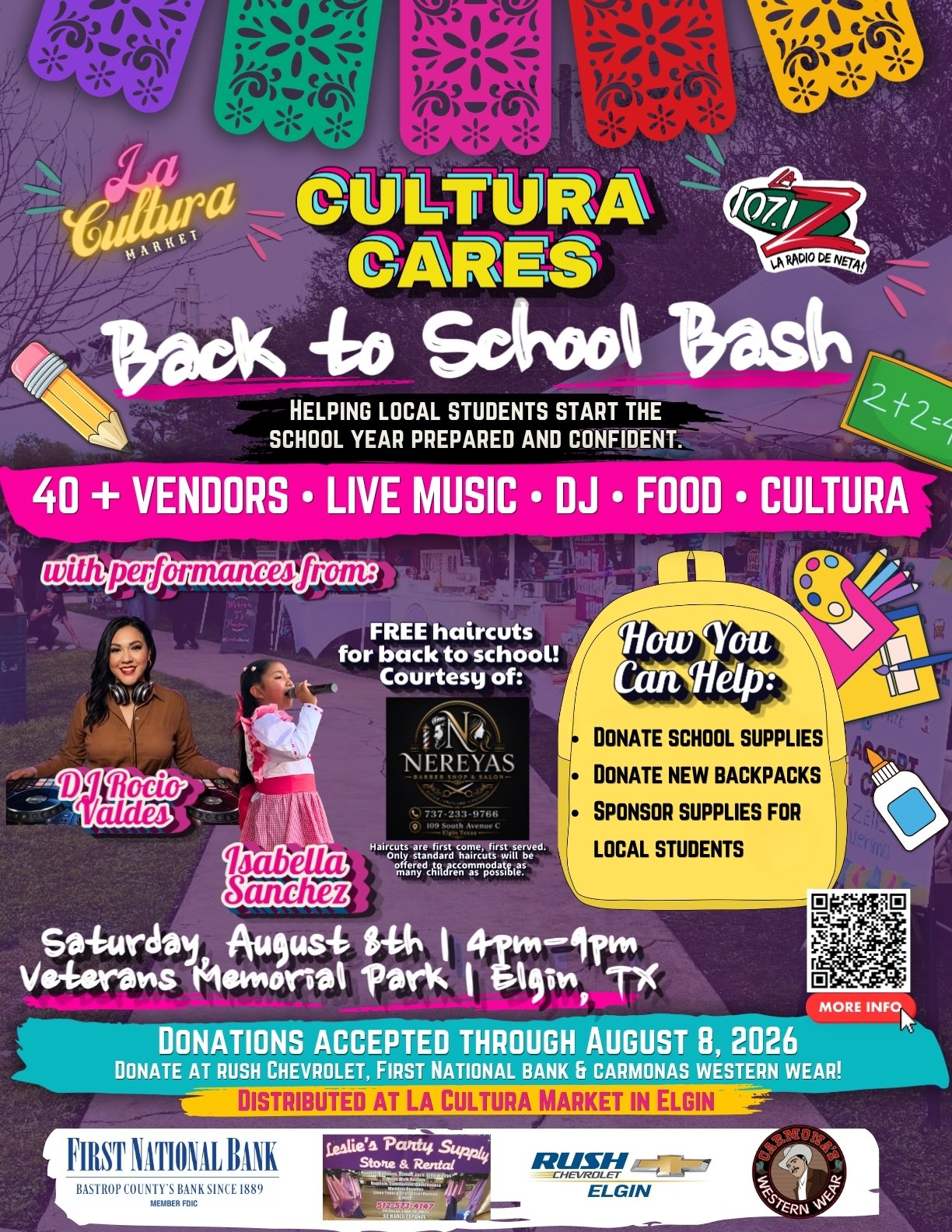 A colorful poster promoting a Back to School Bash event with vendors, live music, DJ, food, and performances in Elgin, TX. It features images of two performers, D'Rocio Valdes and Isabella Sanchez, and information about donations and sponsoring supplies, scheduled for Saturday, August 8th, 4pm-9pm at Veterans Memorial Park.