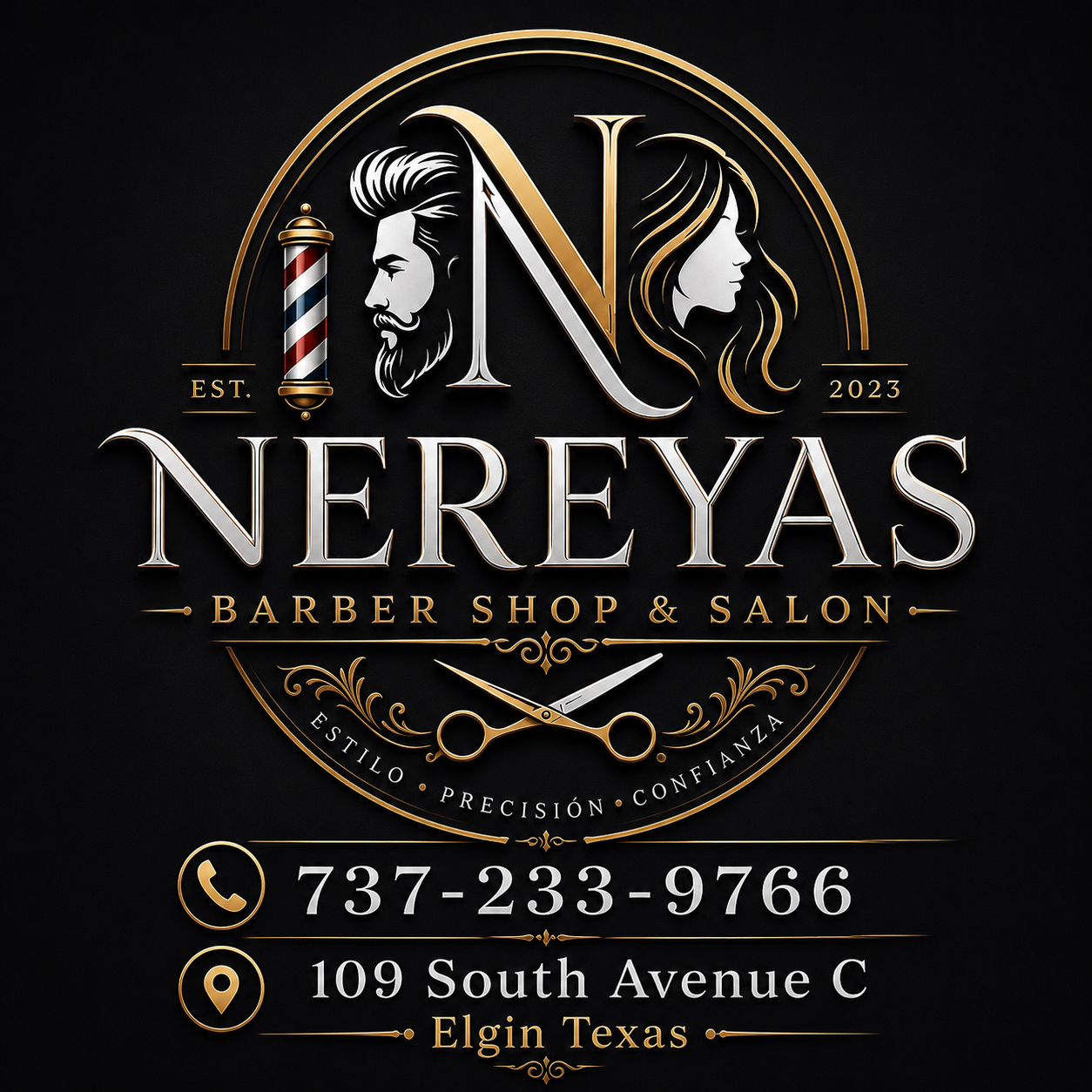 Logo for Nereyas Barber Shop & Salon with a black background, gold and silver accents, featuring a bearded man and a woman with flowing hair, a barber pole, scissors, and contact information in gold and white text.