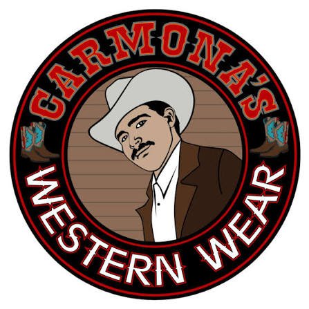 Logo for Carmona's Western Wear featuring a man in a cowboy hat and brown jacket with text surrounding him.