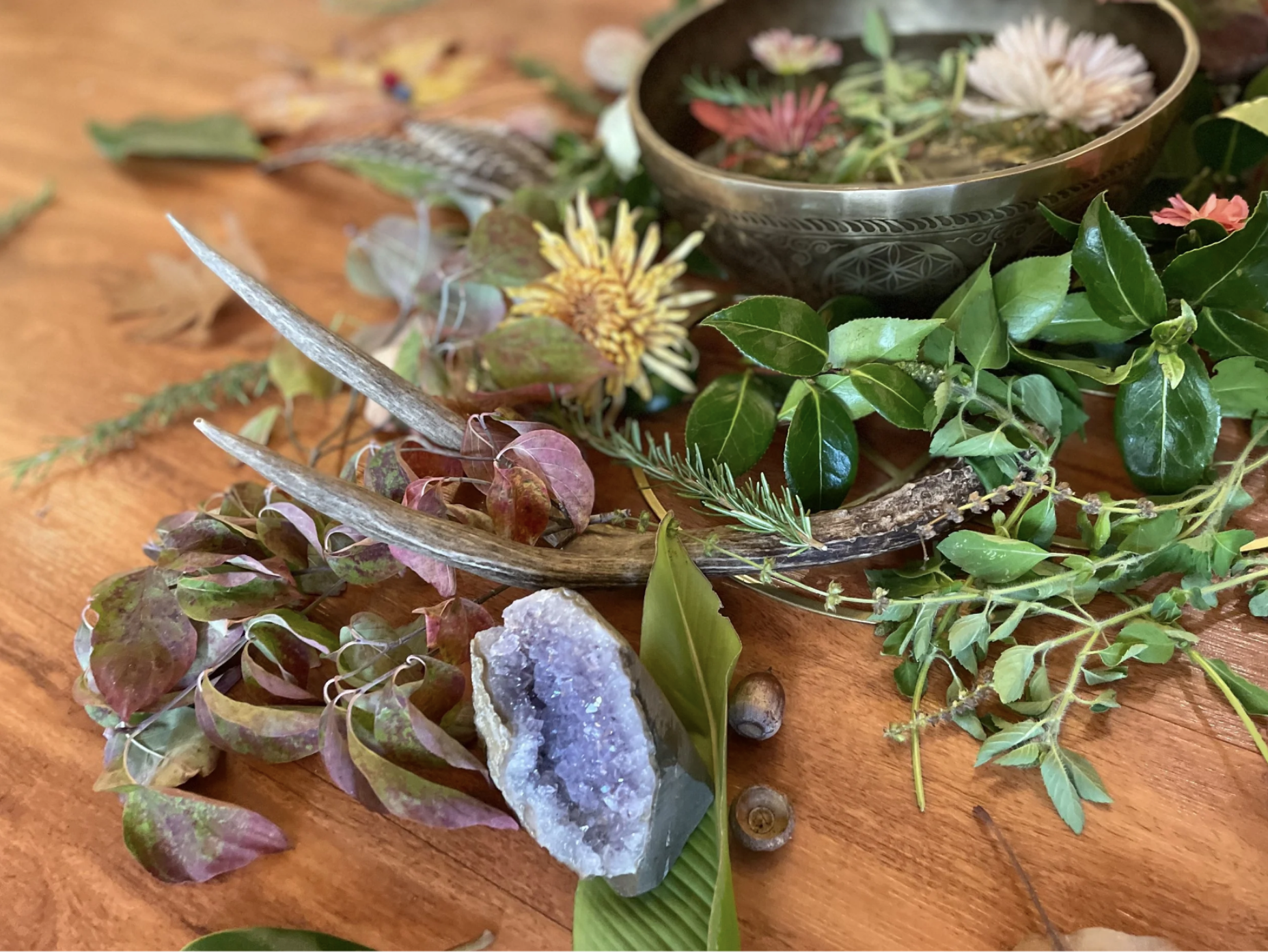 Arrangement of assorted natural objects including leaves, twigs, a geode, and a bowl with flowers on a wooden surface.