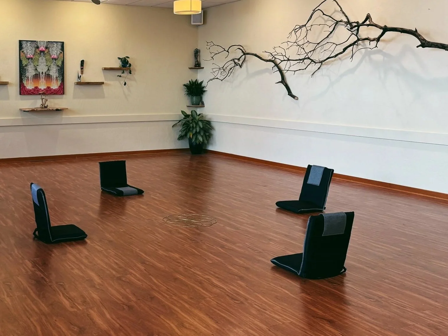 A meditation room with four black floor chairs arranged in a circle on a wooden floor. The room has white walls with a decorative branch mounted on one wall, and potted plants along with small shelves, artwork, and decorative items on the walls.