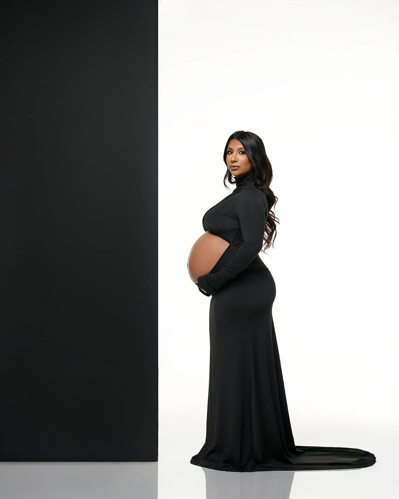 Editorial maternity portrait photographed in a professional Houston studio