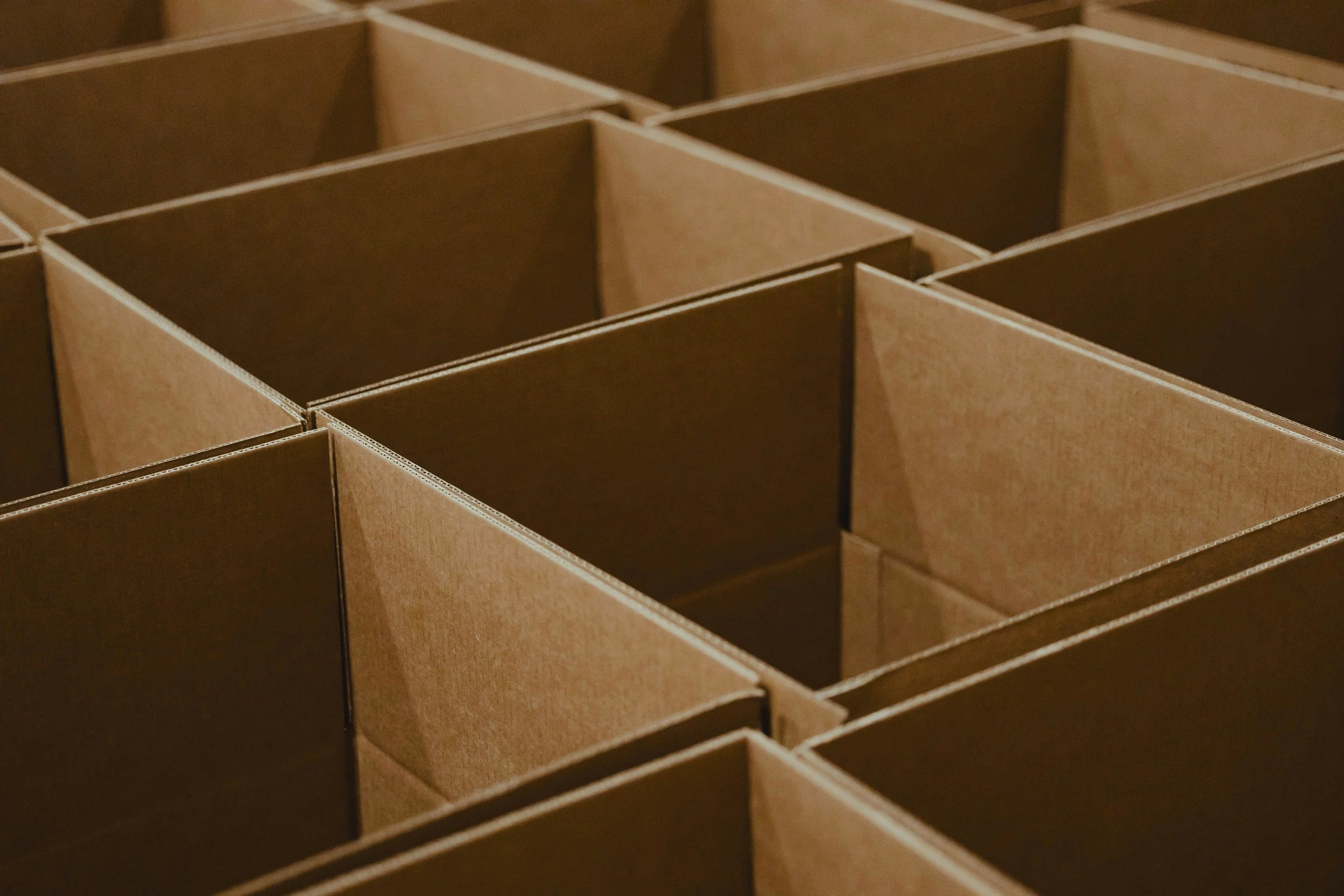 A close-up of empty cardboard storage boxes arranged in rows.
