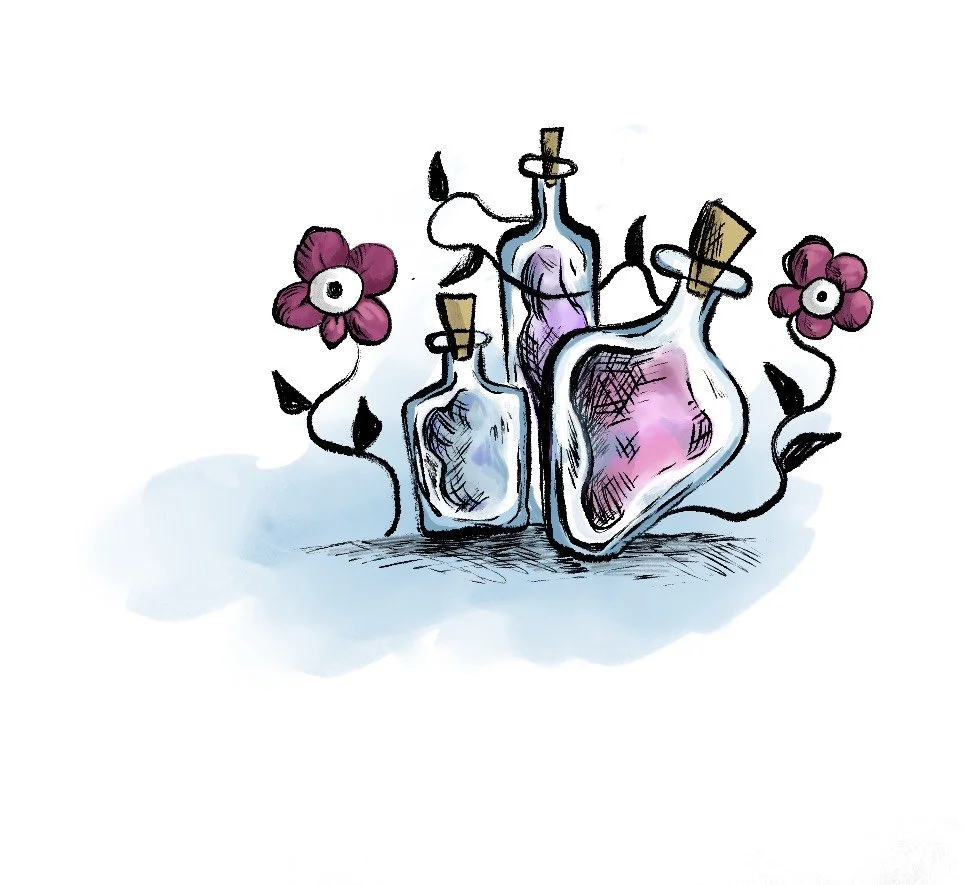 Hand-drawn illustration of three glass bottles with cork stoppers, surrounded by pink flowers with eyes in the center, and black vines with leaves.