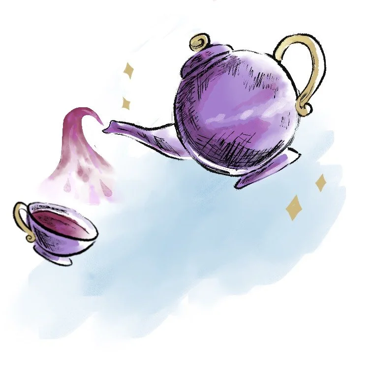 A whimsical illustration of a purple teapot pouring purple tea into a matching teacup, with sparkles around the teapot.