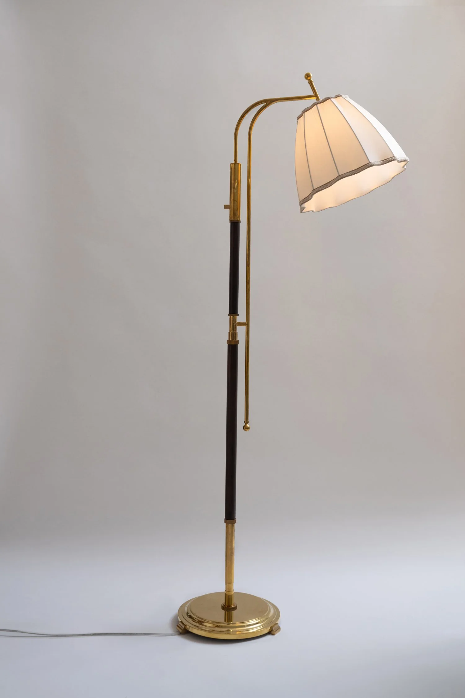 Solid Brass, Linen Shade, Medium Oak
