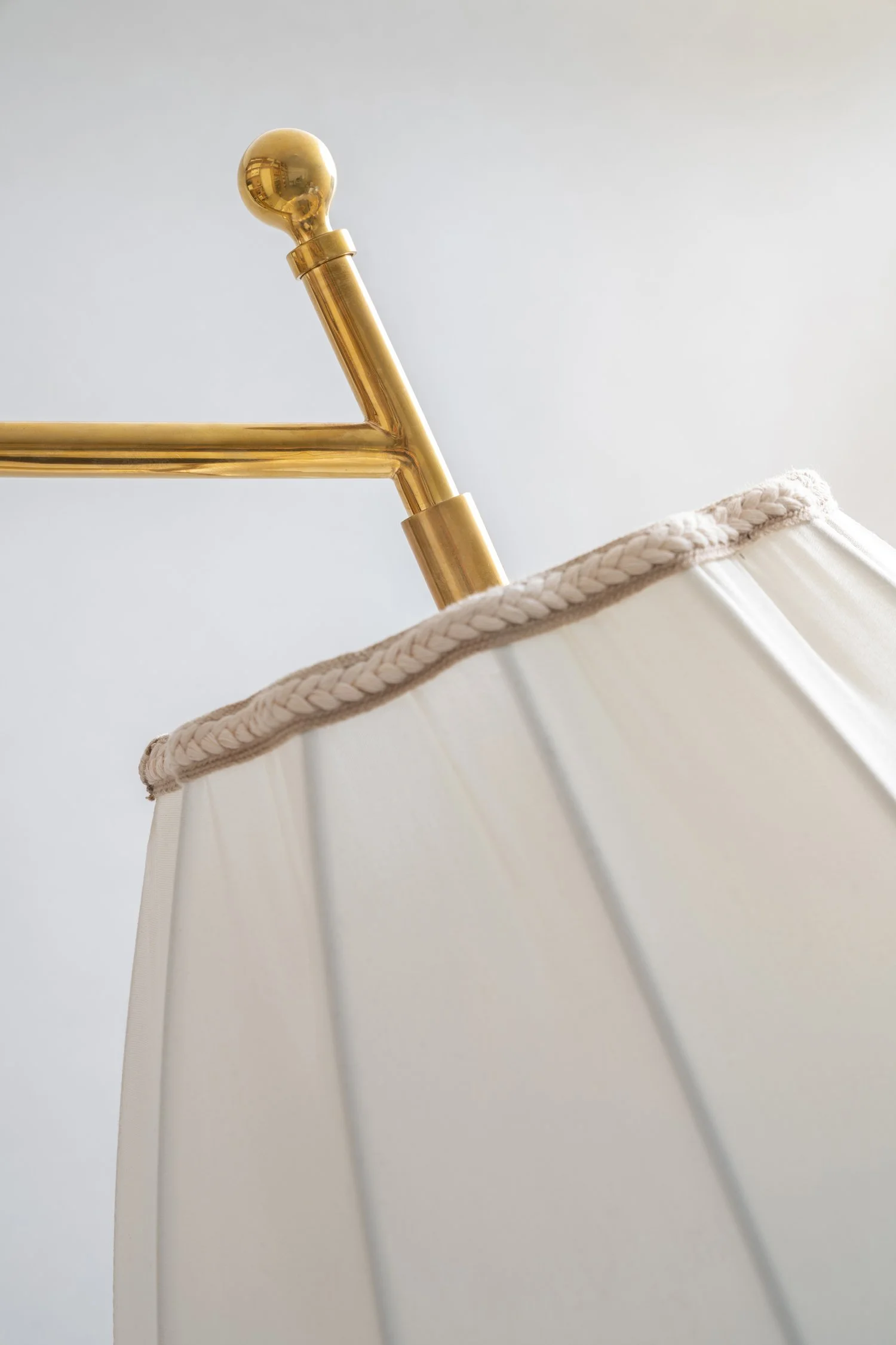 Solid Brass, Linen Shade, Medium Oak