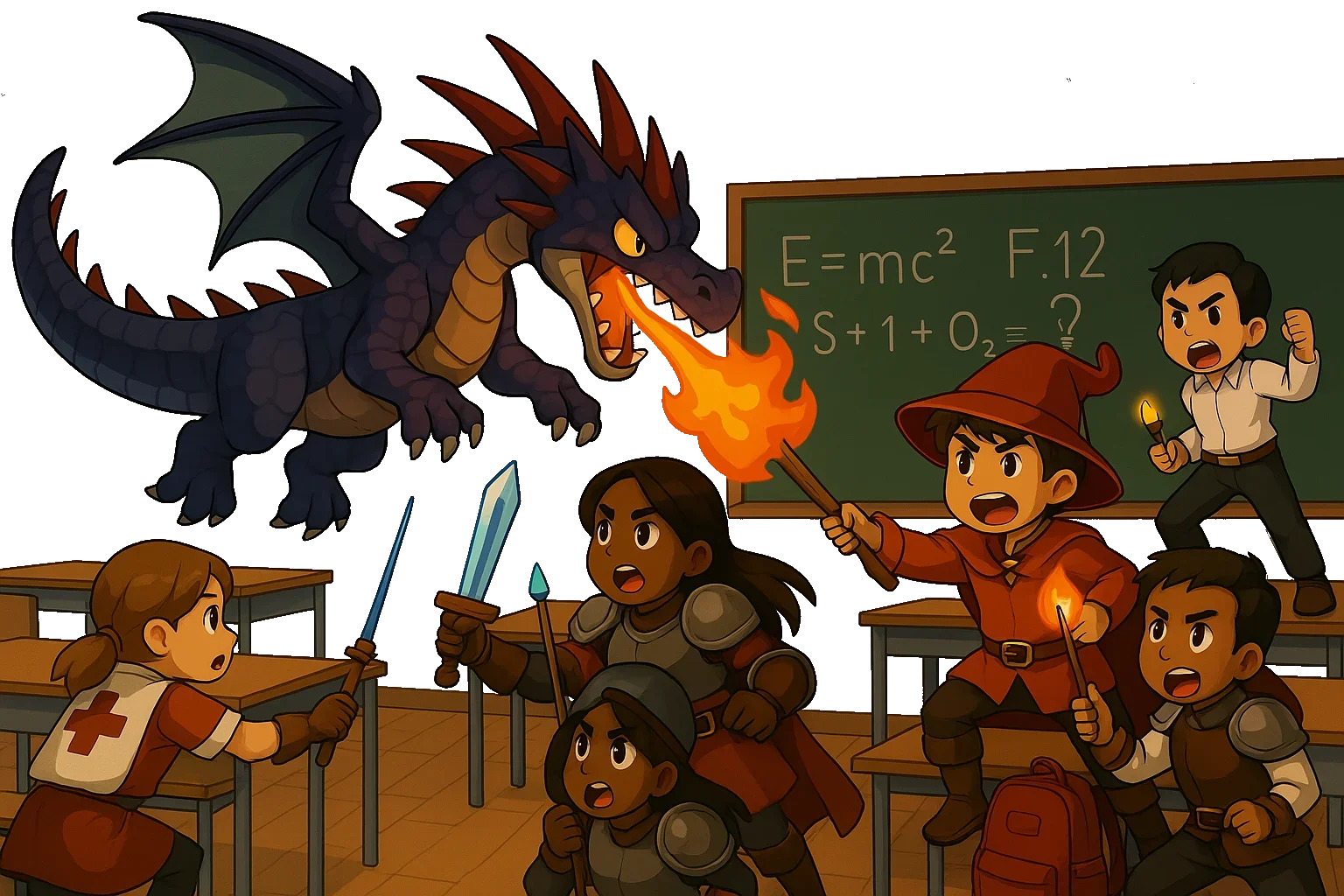 Kids at school fighting a dragon that is breathing fire, with some kids holding swords and wands, and a blackboard with science and math formulas in the background.