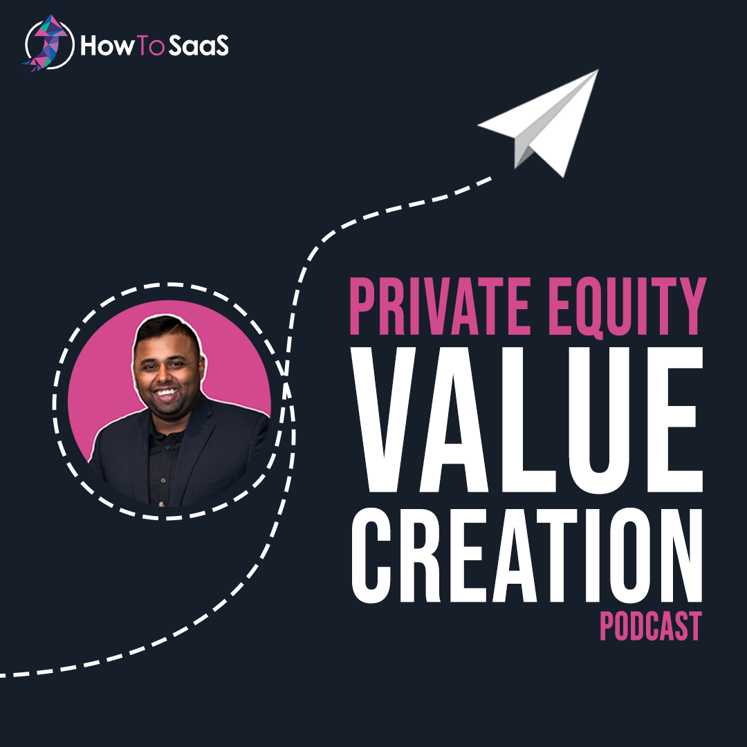 Podcast cover art for 'Private Equity Value Creation' featuring a man in a black suit on a pink background, with a paper airplane and dashed line flight path.