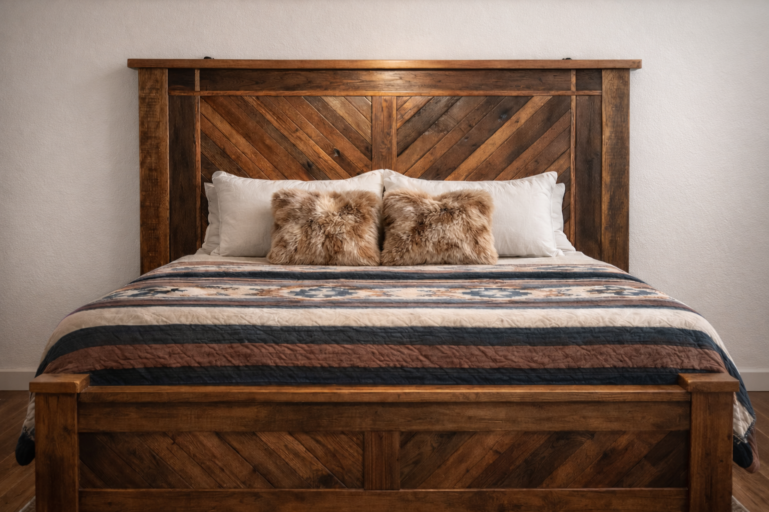 Custom barnwood bed frame featuring a herringbone headboard design, handcrafted from reclaimed wood. A rustic farmhouse-style bed built for durability and character.
