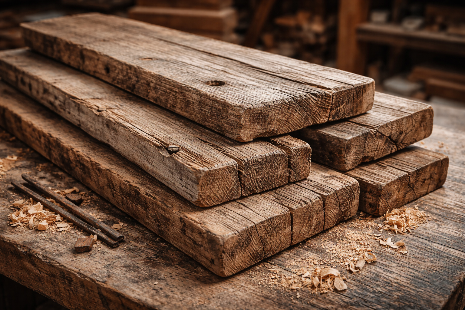Reclaimed barnwood boards used for handcrafted rustic furniture.