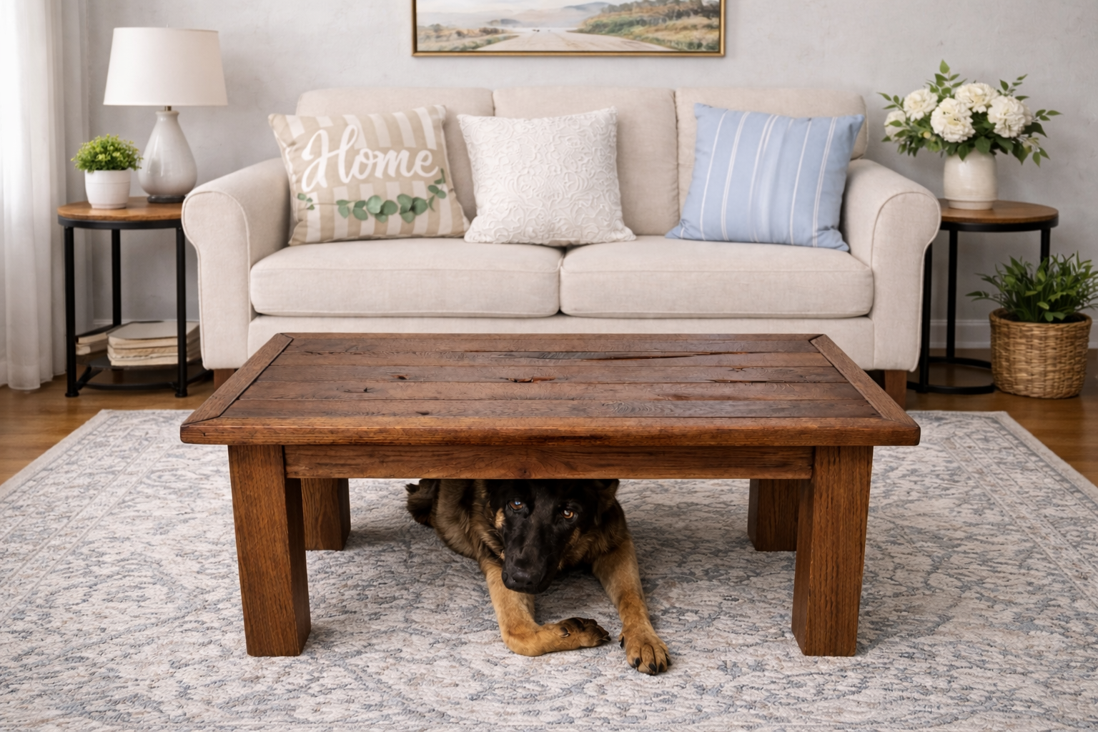 Solid wood rustic coffee table handcrafted from reclaimed hardwood with a thick plank top and sturdy legs. Designed to bring warmth and durability to farmhouse and cabin-style living rooms.