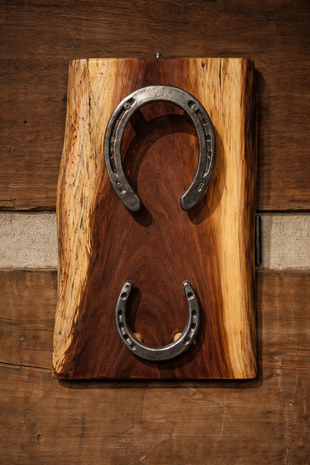 Handcrafted rustic wood wall décor featuring mounted horseshoes on a natural live-edge hardwood slab. A unique western-style accent piece perfect for cabins, lodges, and farmhouse interiors.