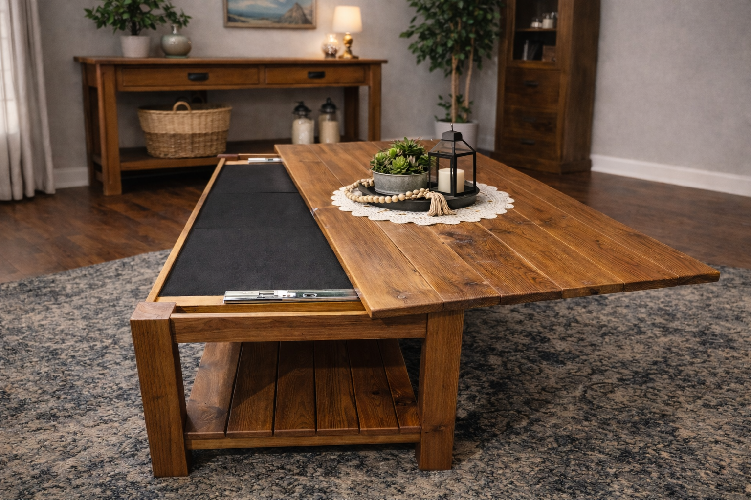 Custom solid wood coffee table with built-in poker table insert, handcrafted from hardwood with a warm rustic finish. Designed as a multifunctional living room centerpiece for both entertaining and everyday use.